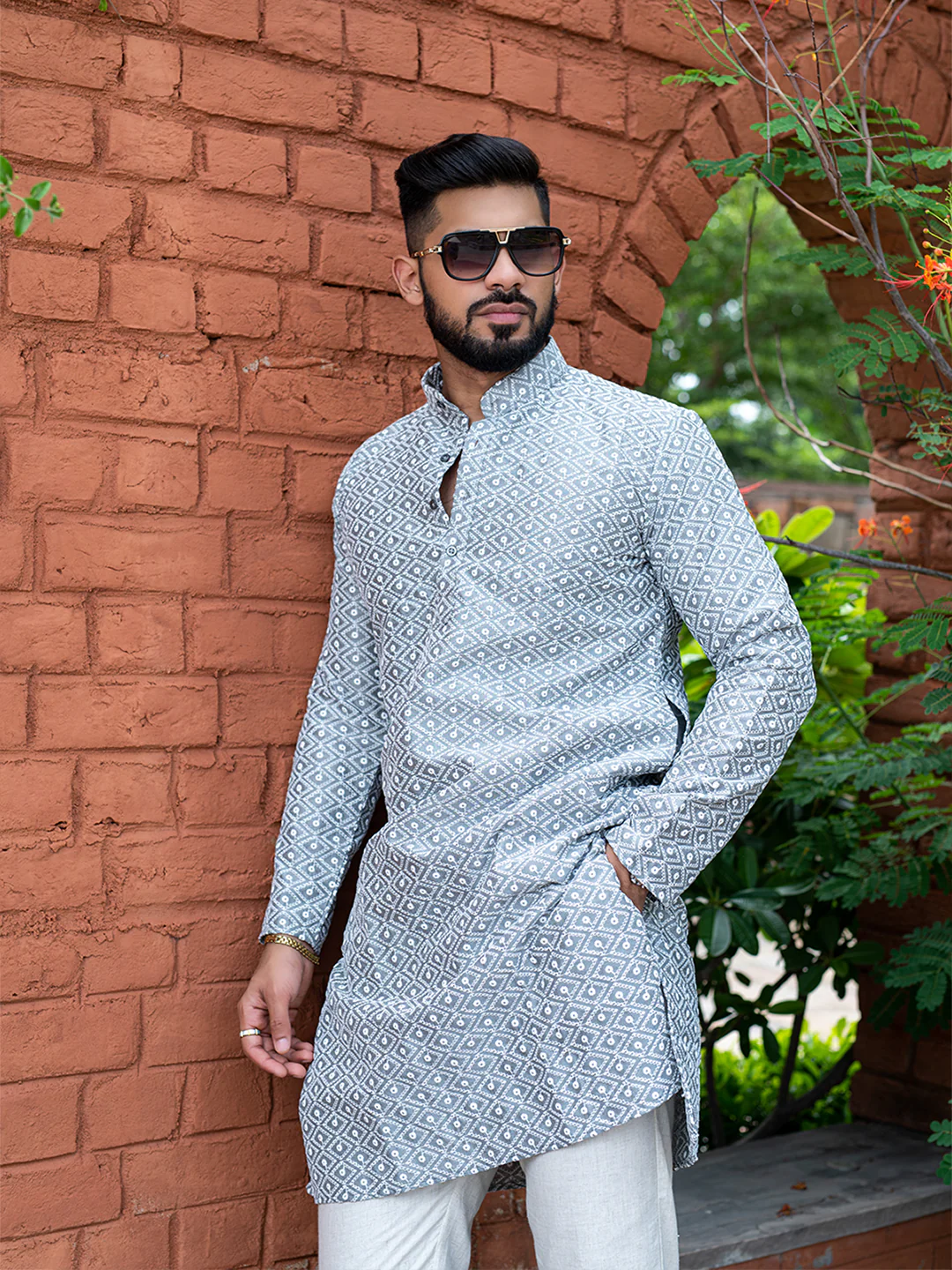 Grey Diamond Embroidered Cotton Mens Kurta - Image 4
