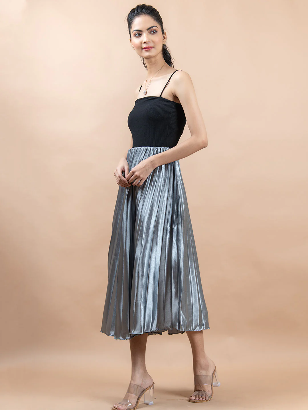 Grey Flared Skirt with Accordion Pleats For Women - Image 3