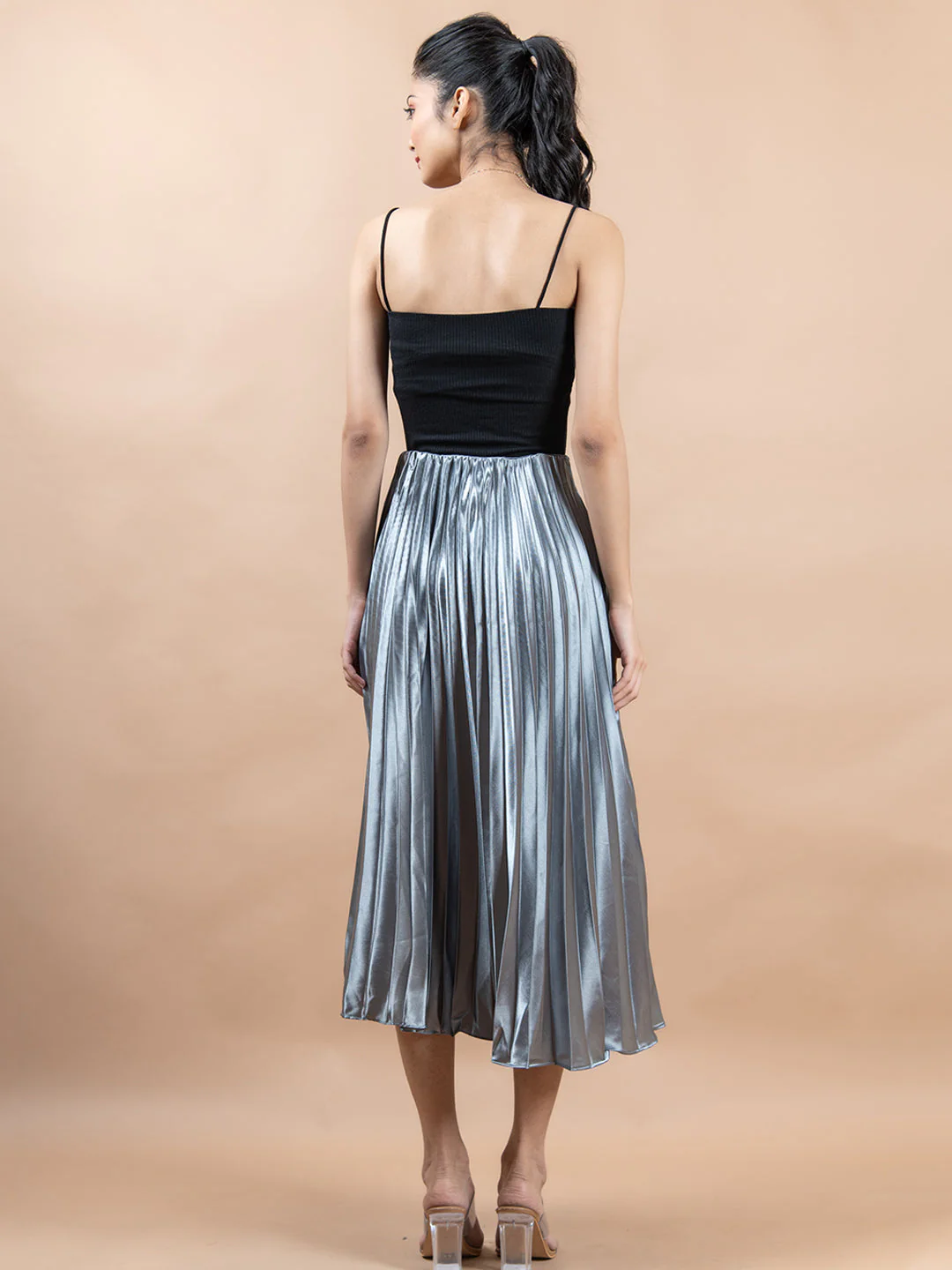 Grey Flared Skirt with Accordion Pleats For Women - Image 4