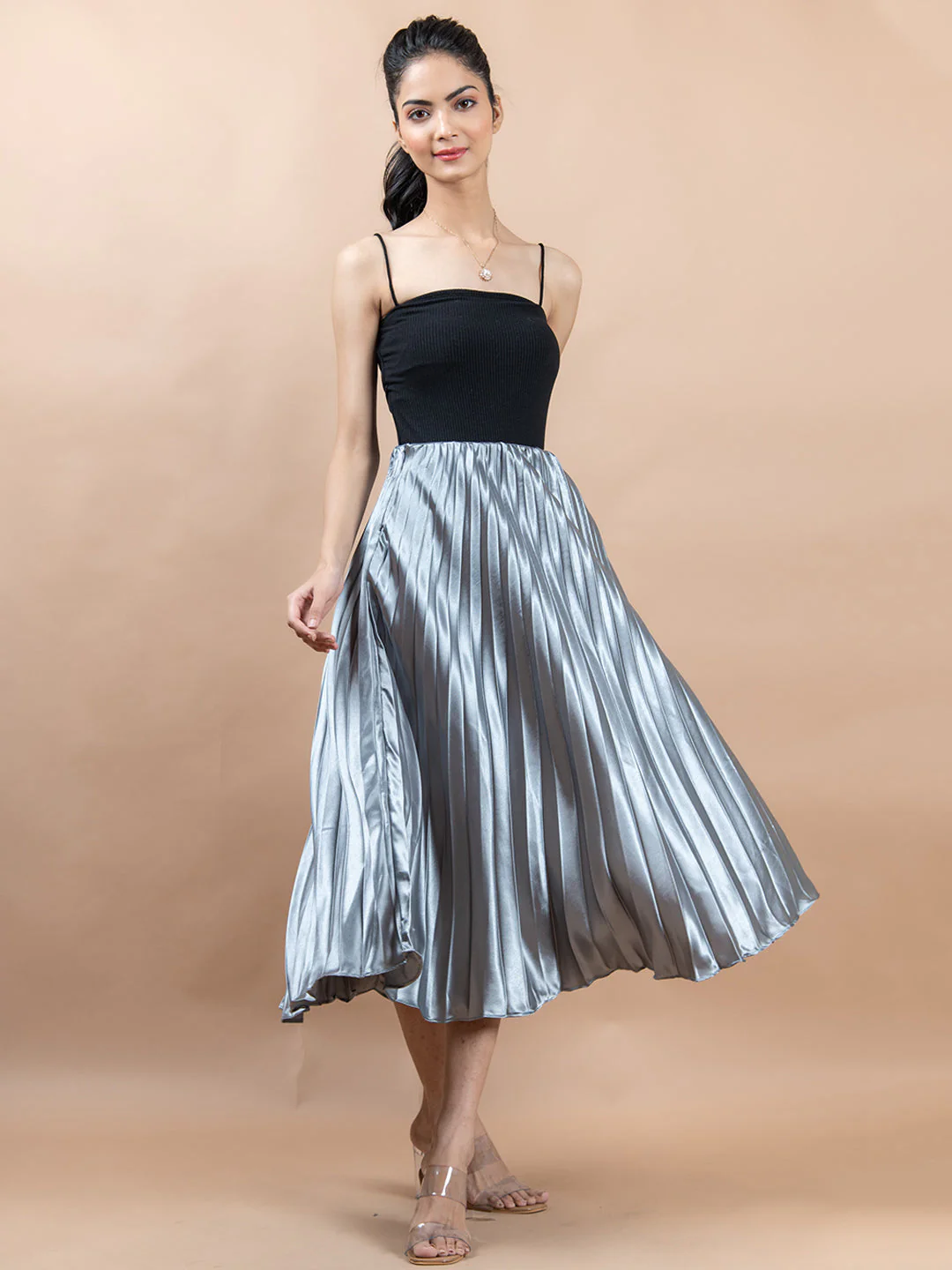 Grey Flared Skirt with Accordion Pleats For Women - Image 6