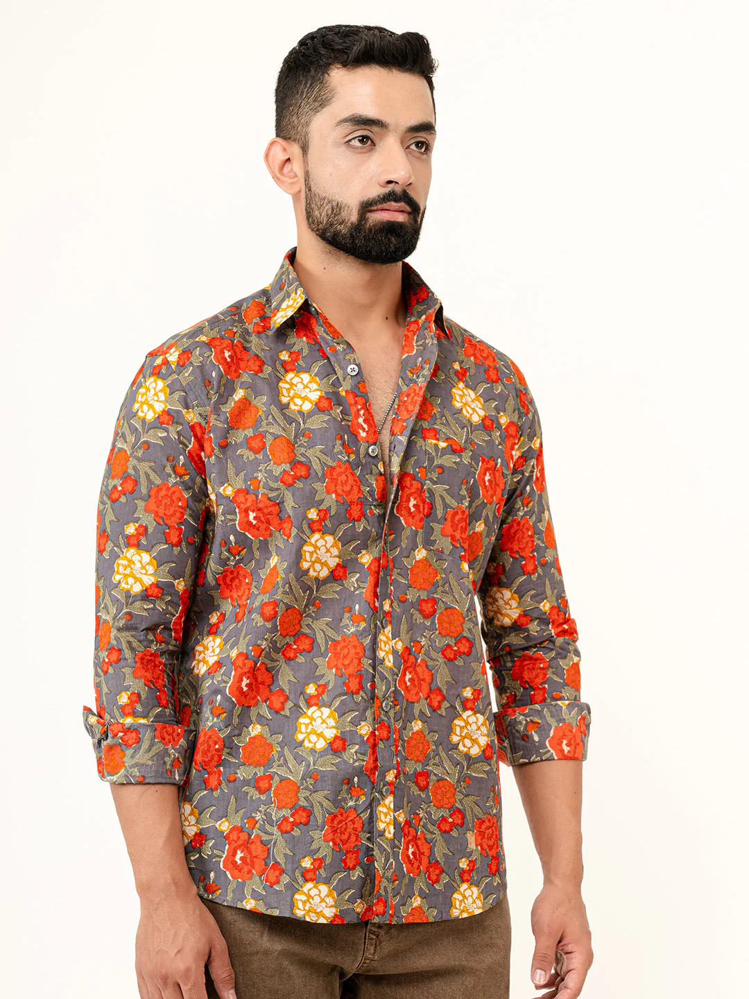 Grey Floral Printed Full Sleeves Cotton Printed Shirt - Image 3