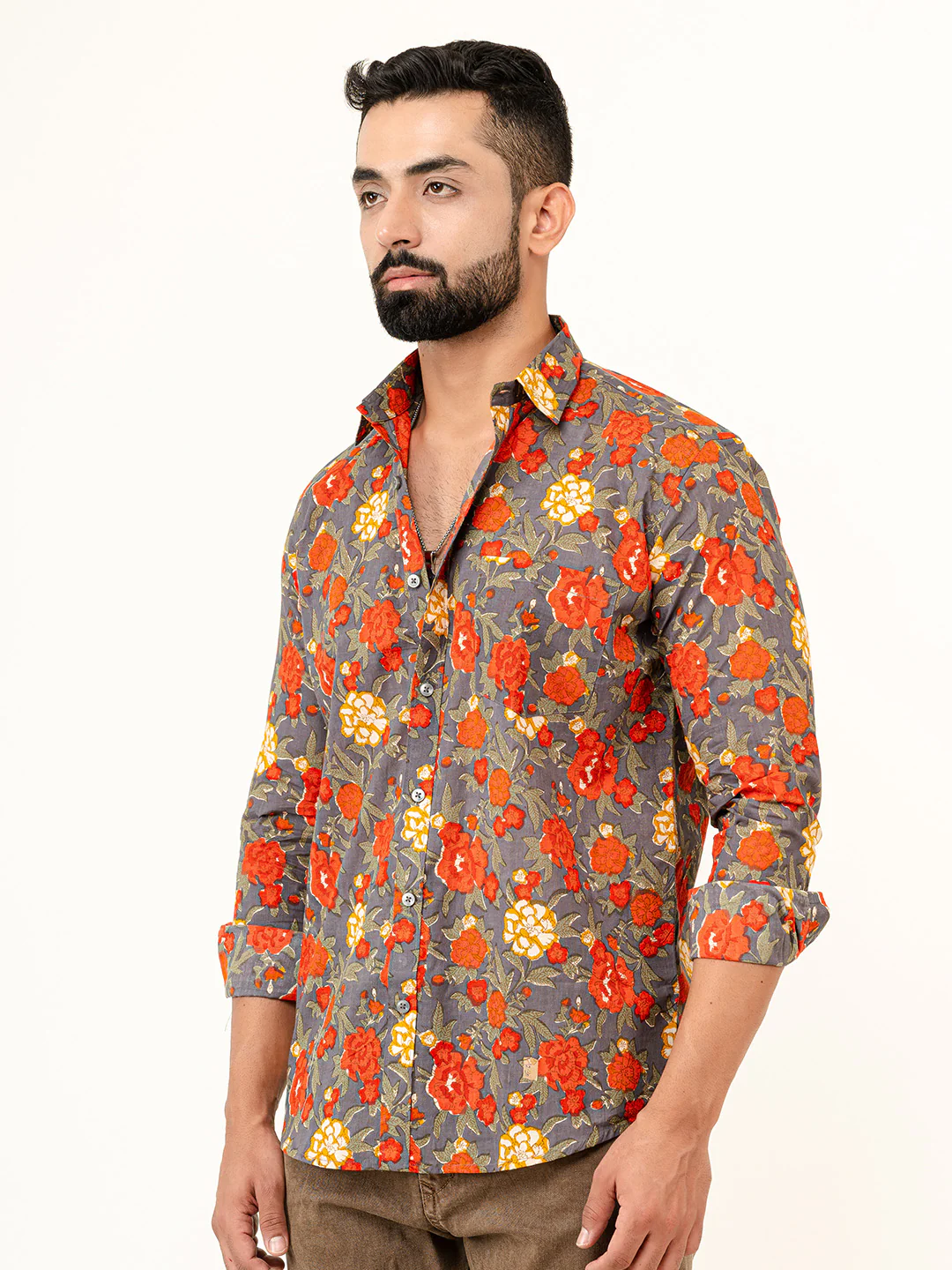 Grey Floral Printed Full Sleeves Cotton Printed Shirt - Image 4