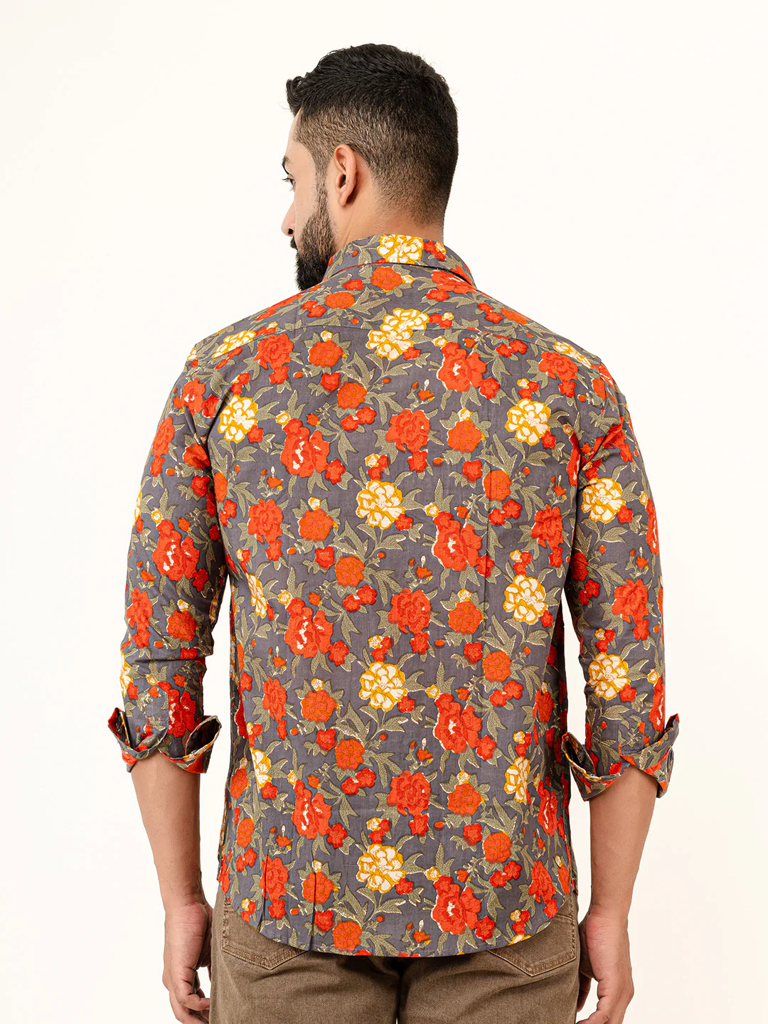 Grey Floral Printed Full Sleeves Cotton Printed Shirt - Image 5