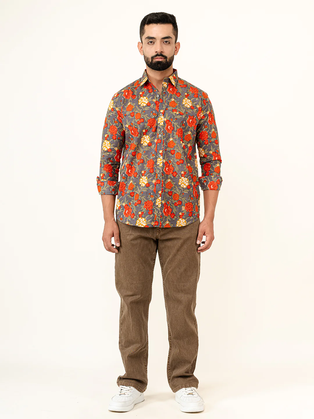 Grey Floral Printed Full Sleeves Cotton Printed Shirt - Image 6