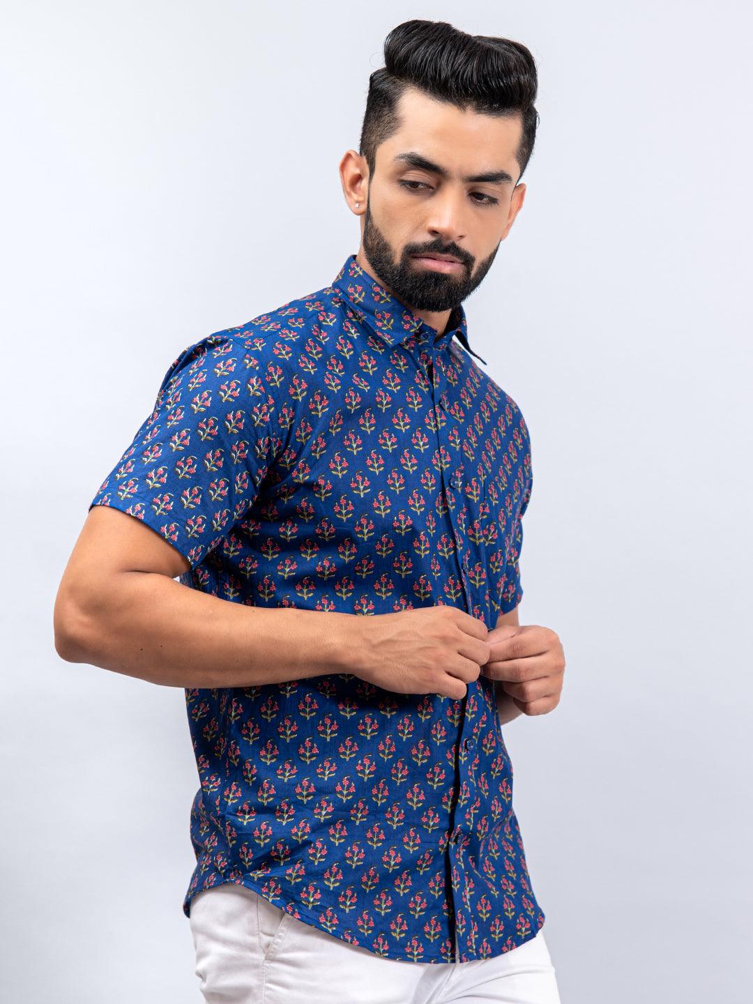 Half Sleevs Cotton Blue Floral Print Shirt - Image 3