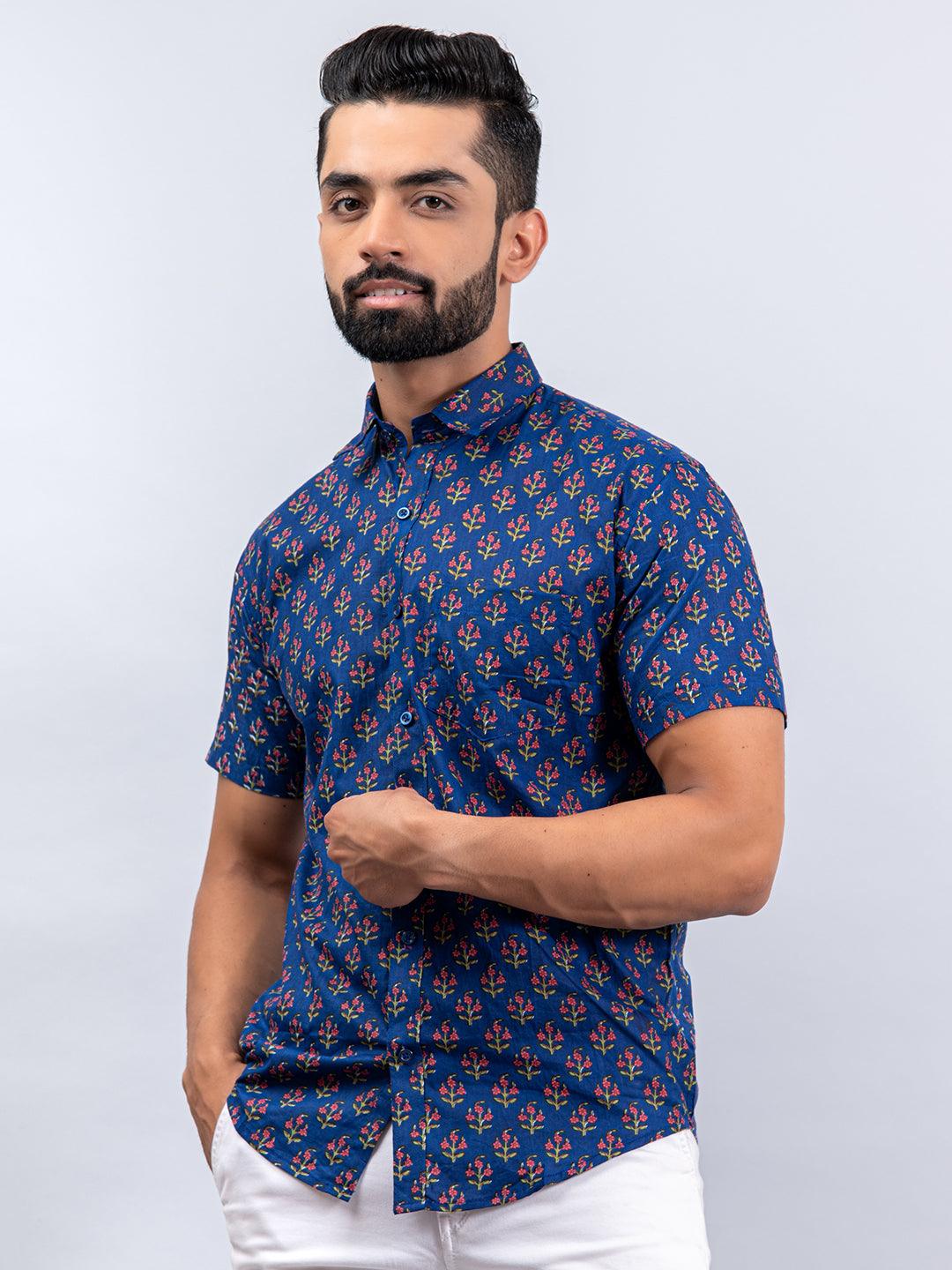 Half Sleevs Cotton Blue Floral Print Shirt - Image 4