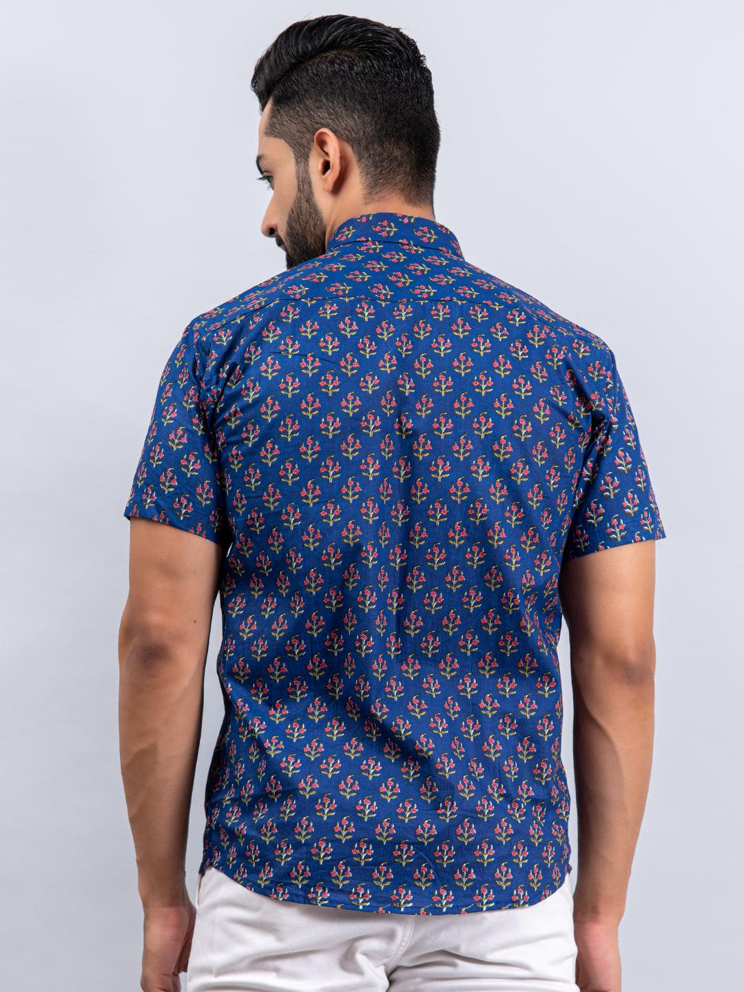 Half Sleevs Cotton Blue Floral Print Shirt - Image 5