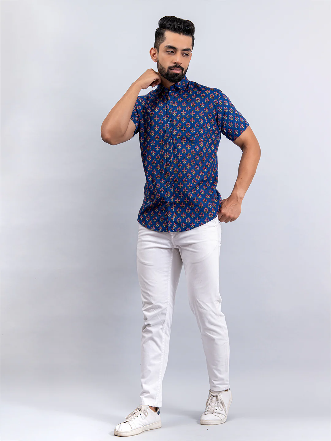 Half Sleevs Cotton Blue Floral Print Shirt - Image 6
