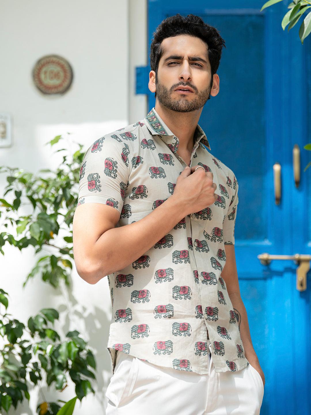 Khaki Elephant Block Print Men's Half Shirt - Image 4