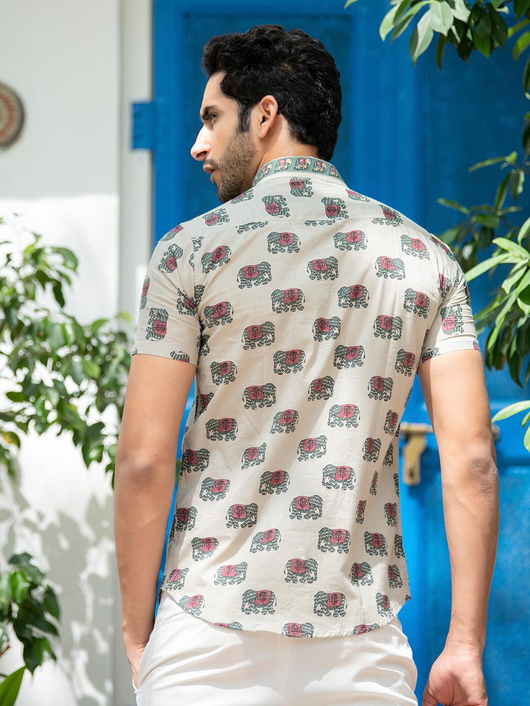 Khaki Elephant Block Print Men's Half Shirt - Image 5