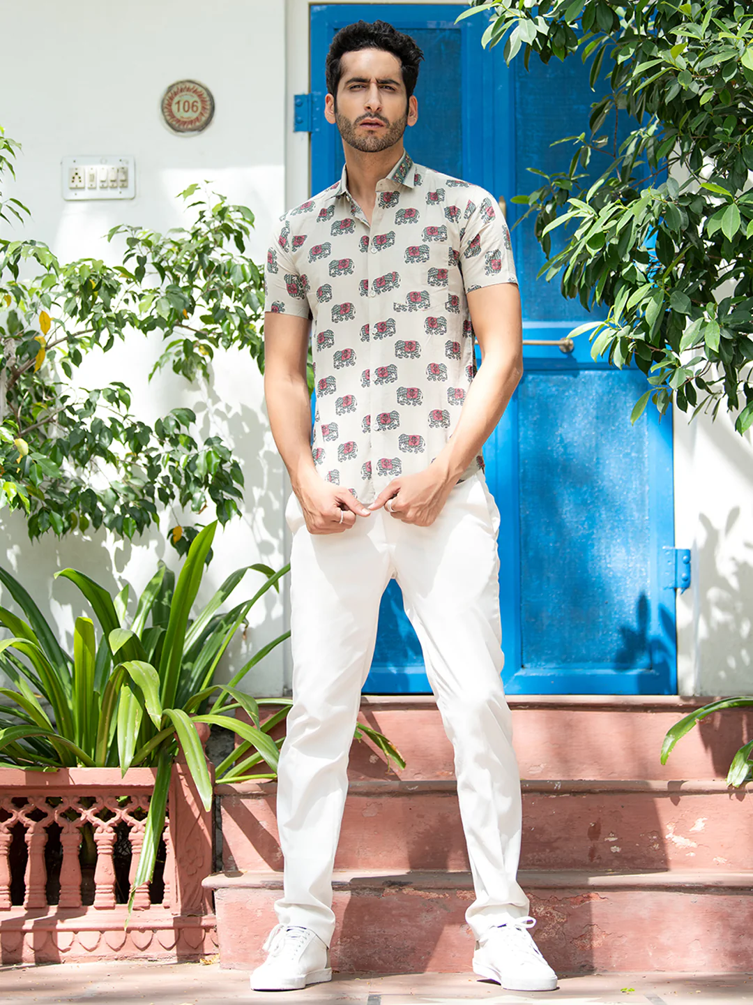 Khaki Elephant Block Print Men's Half Shirt - Image 6