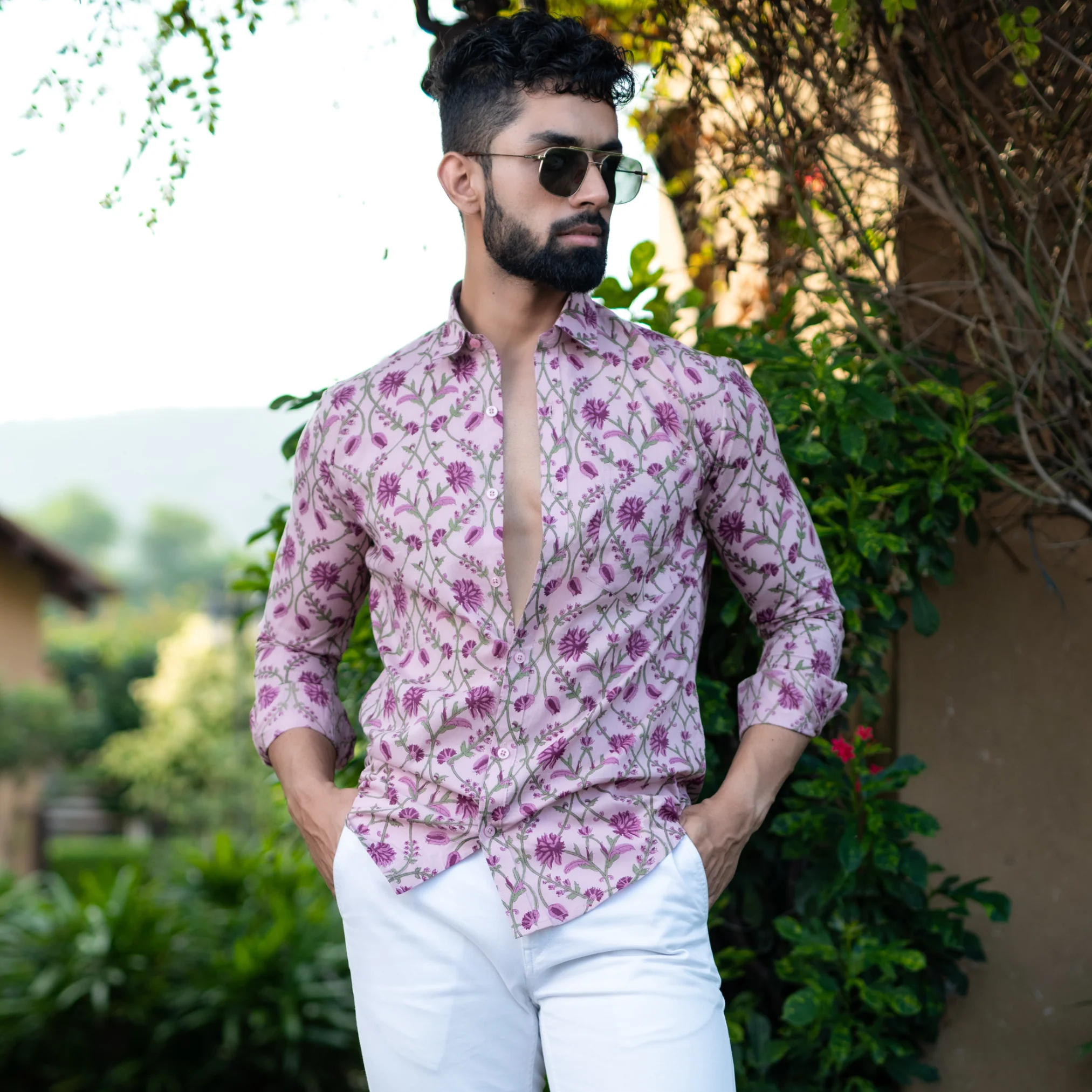 Lilac Floral Full Sleeves Cotton Printed Shirt For Men - Image 3