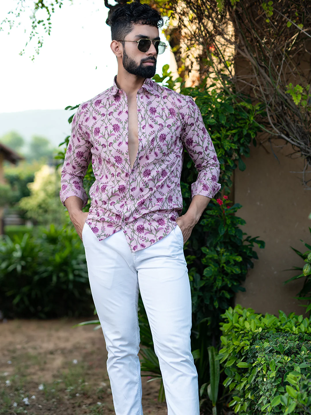 Lilac Floral Full Sleeves Cotton Printed Shirt For Men - Image 4
