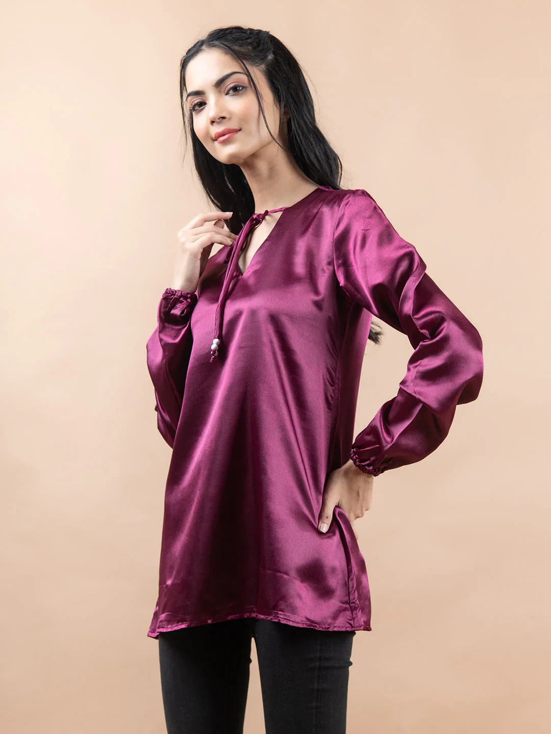 Maroon Satin Full Sleeves Top For Women - Image 3