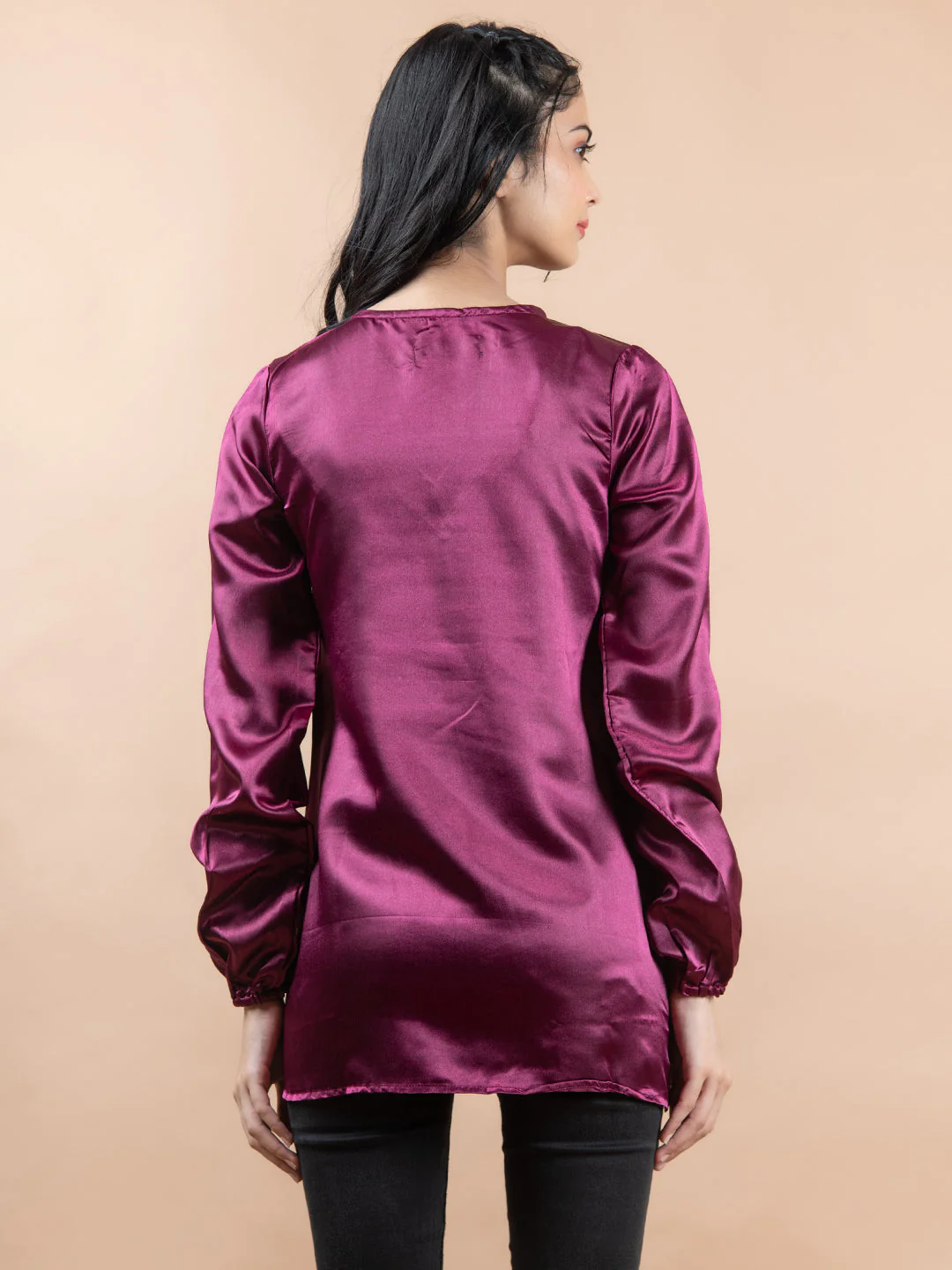 Maroon Satin Full Sleeves Top For Women - Image 4
