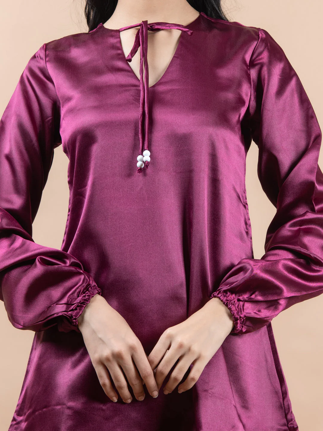 Maroon Satin Full Sleeves Top For Women - Image 5