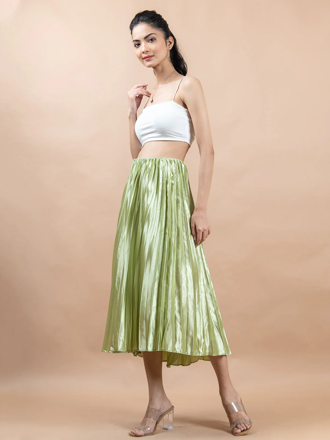 Mehandi Green Flared Skirt with Accordion Pleats For Women - Image 3