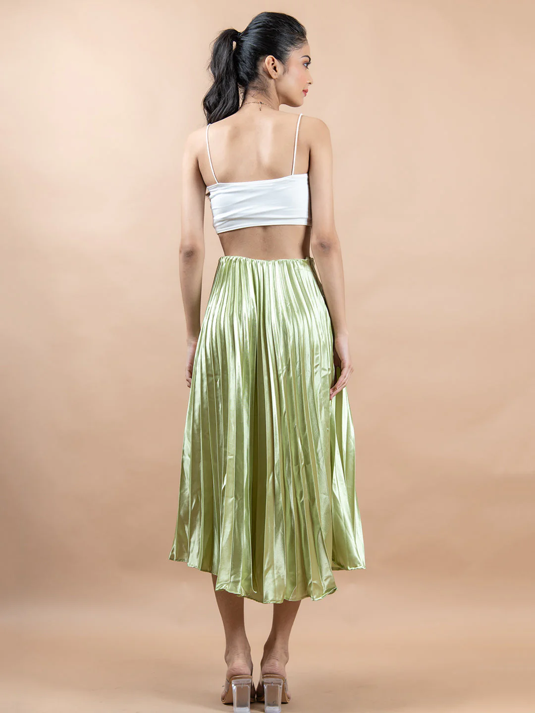 Mehandi Green Flared Skirt with Accordion Pleats For Women - Image 4