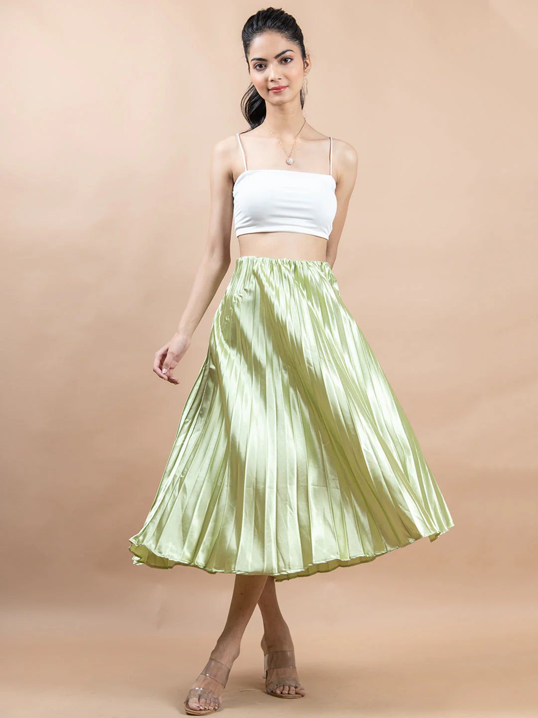 Mehandi Green Flared Skirt with Accordion Pleats For Women - Image 6