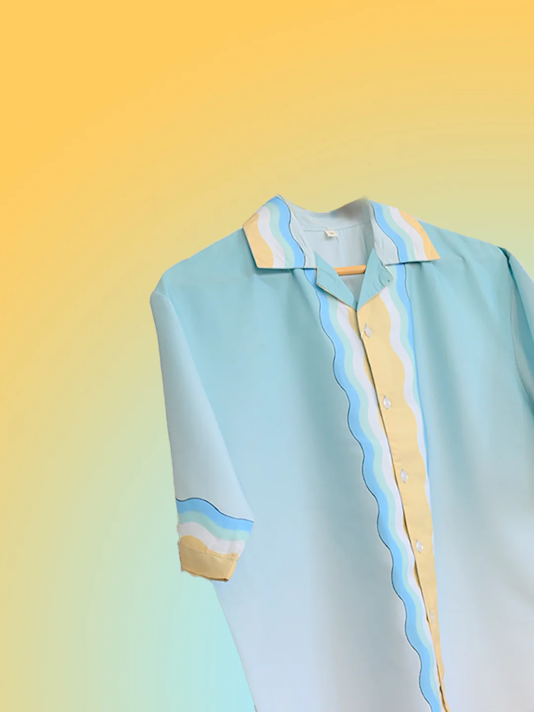 Minimal Wavy Line Printed Oversized Sea Blue Crepe Shirt - Image 4