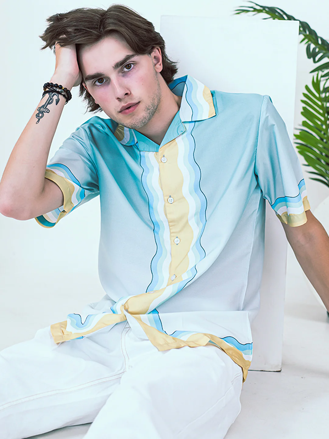 Minimal Wavy Line Printed Oversized Sea Blue Crepe Shirt - Image 5