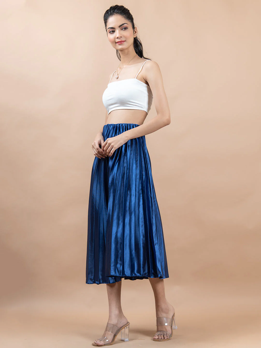 Navy Blue Flared Skirt with Accordion Pleats For Women - Image 3