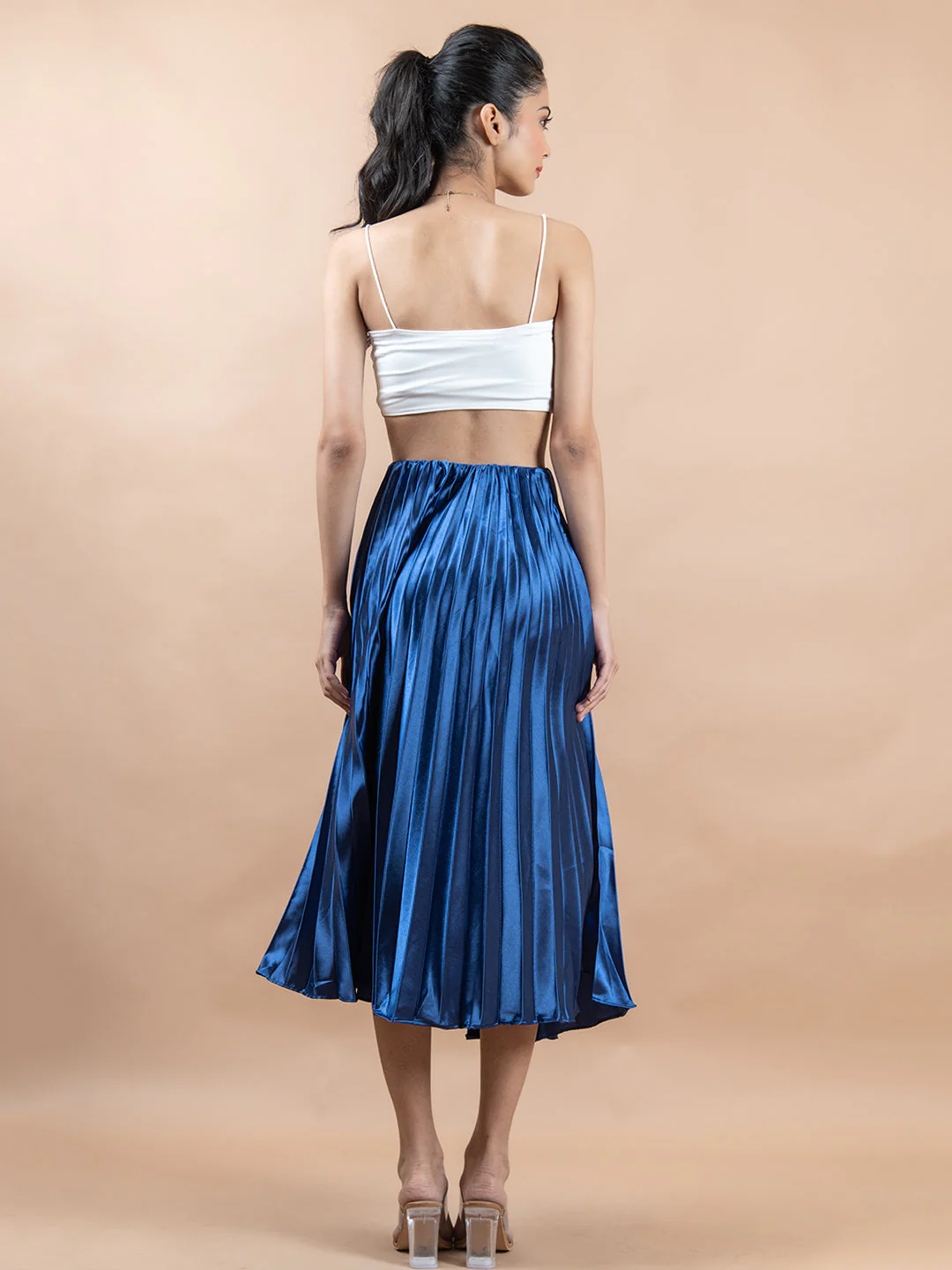 Navy Blue Flared Skirt with Accordion Pleats For Women - Image 4