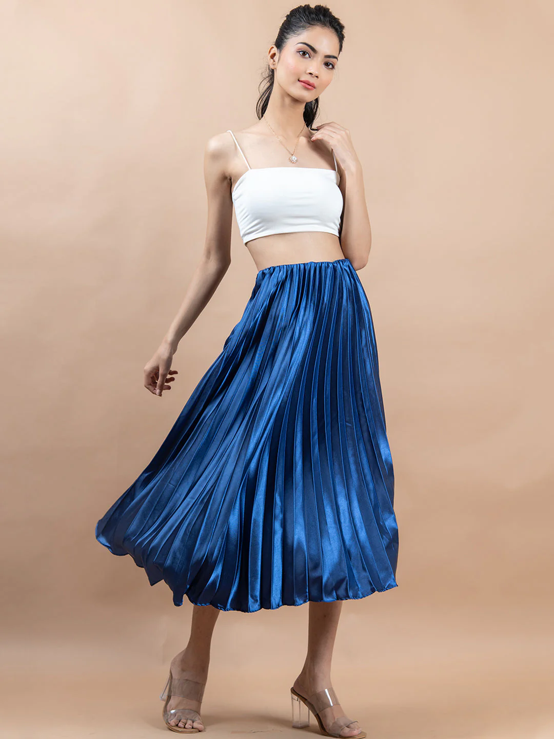 Navy Blue Flared Skirt with Accordion Pleats For Women - Image 6