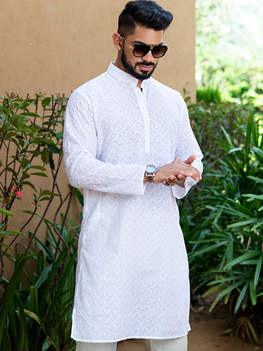 Off White Diamond Embroidered Cotton Mens Kurta - Image 3
