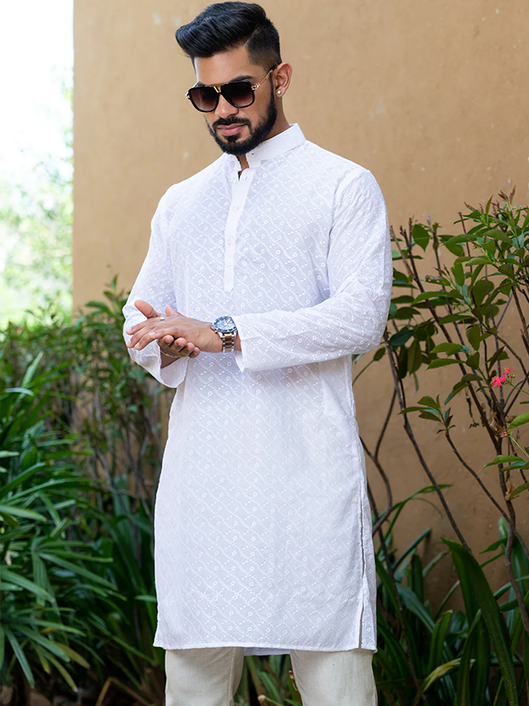 Off White Diamond Embroidered Cotton Mens Kurta - Image 4