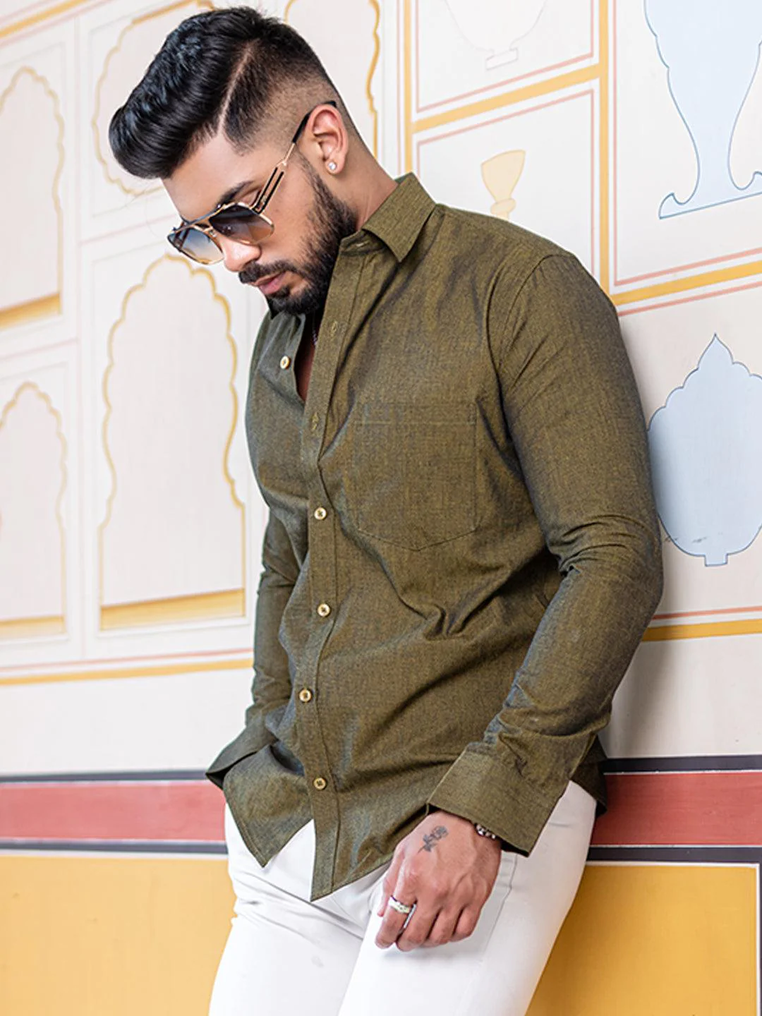 Olive Green Self Weaved Full Sleeves Giza Cotton Shirt - Image 3