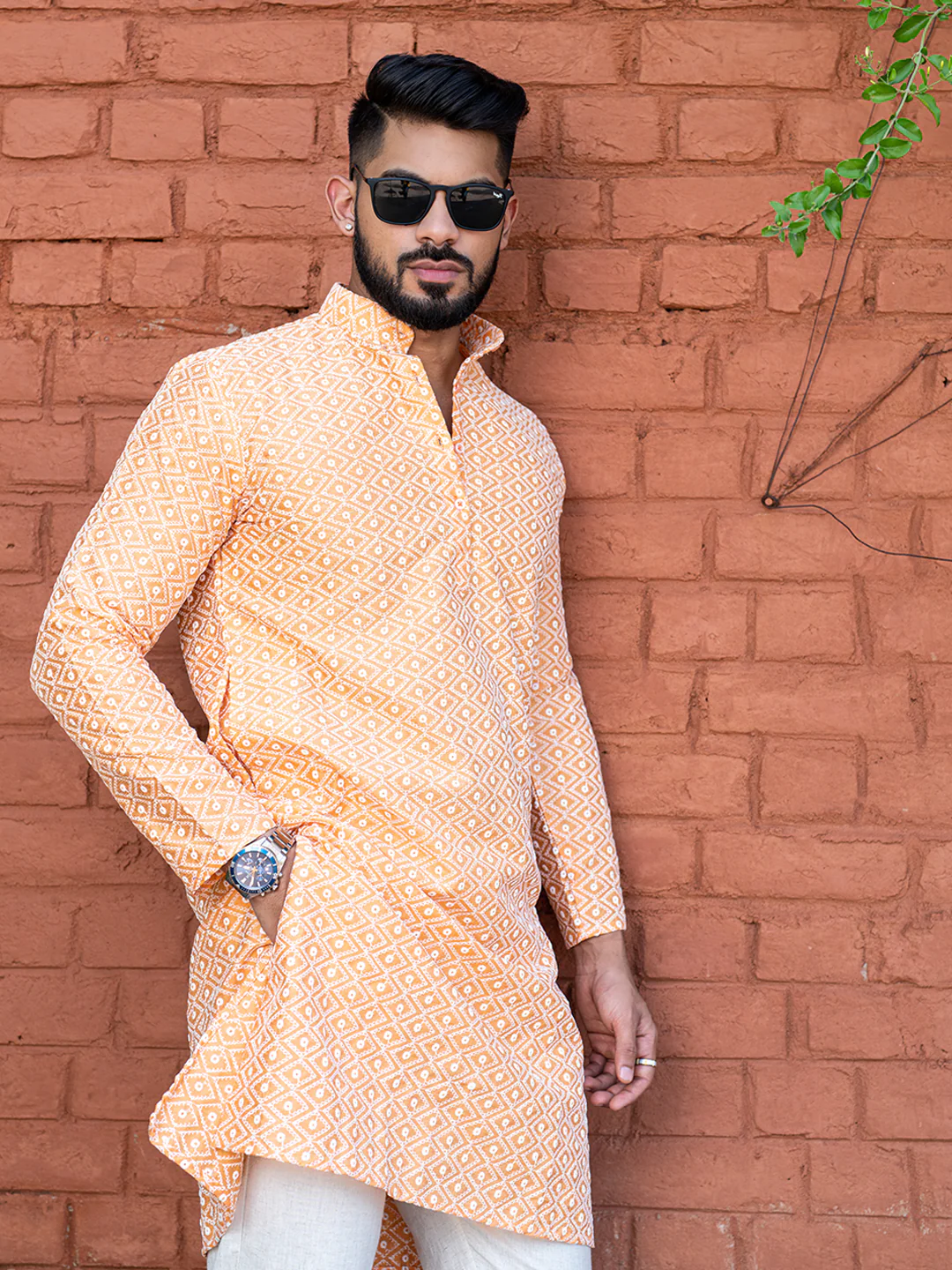 Orange Diamond Embroidered Cotton Mens Kurta - Image 3