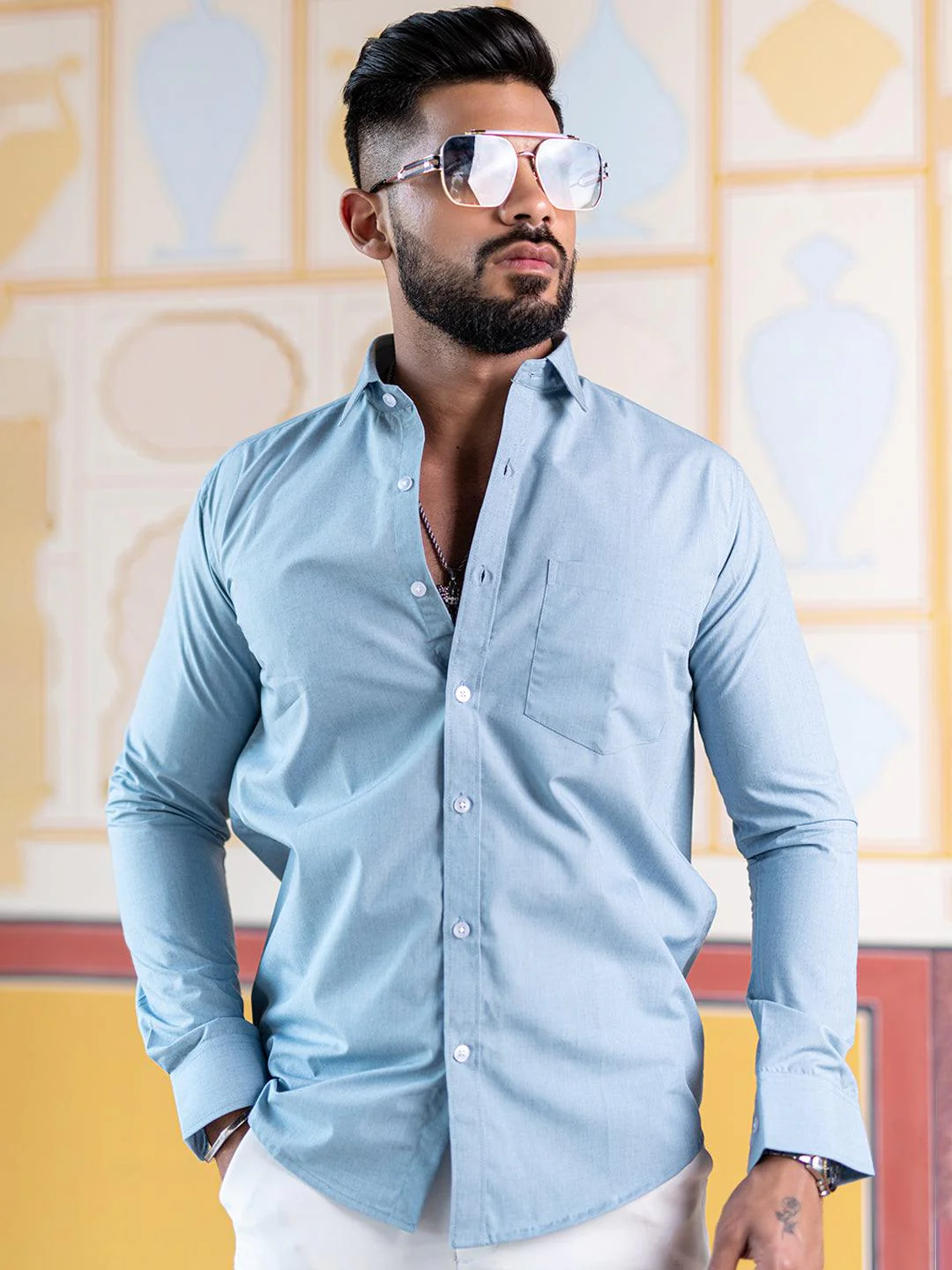 Pale Blue Full Sleeves Giza Cotton Shirt - Image 4