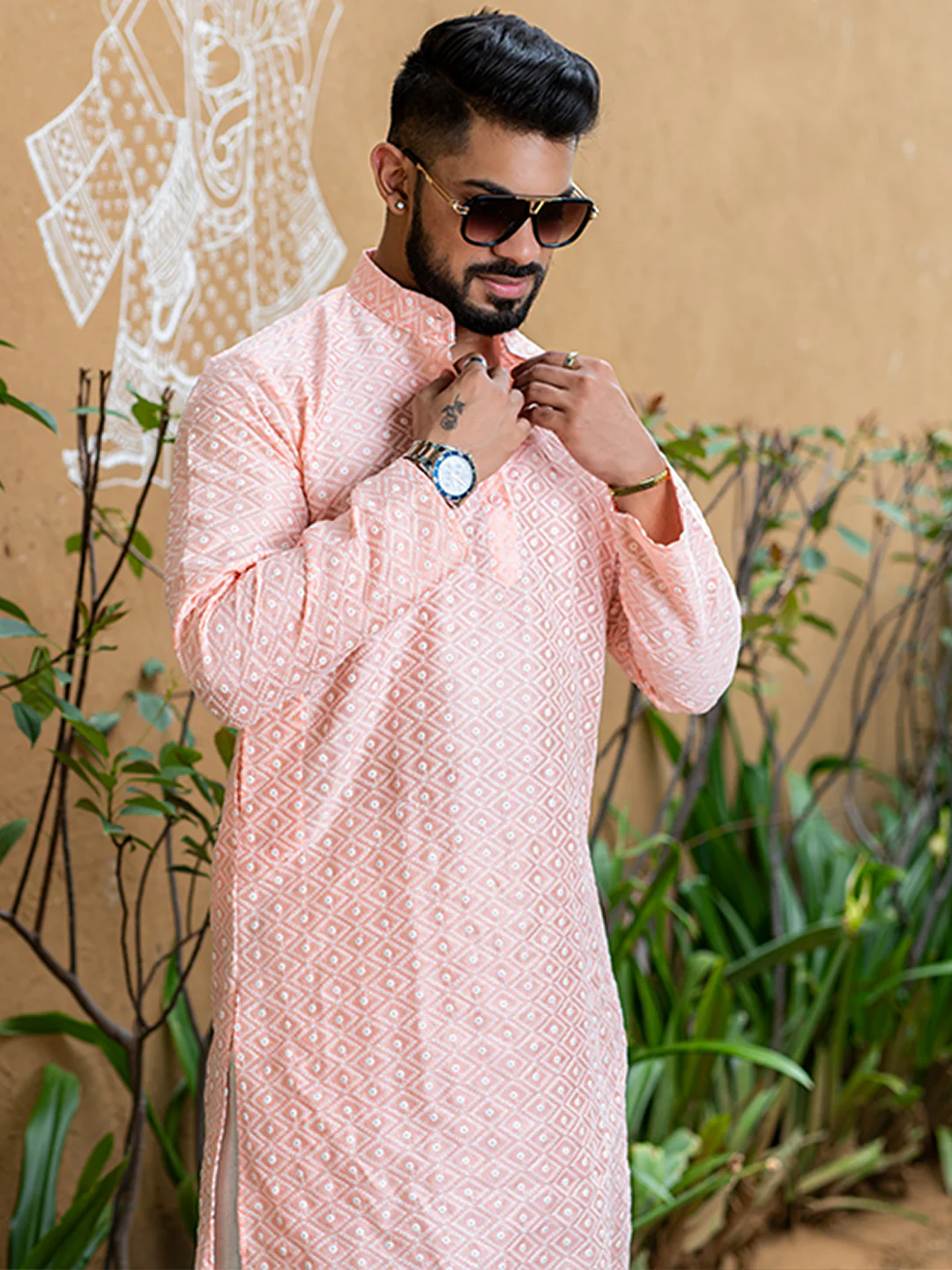 Peach Diamond Embroidered Cotton Mens Kurta - Image 3