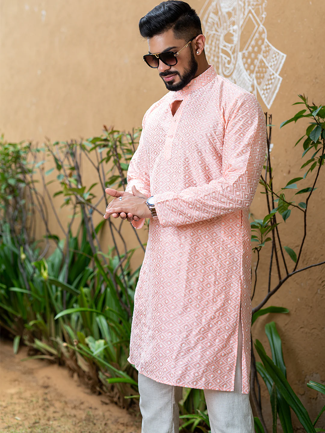 Peach Diamond Embroidered Cotton Mens Kurta - Image 4