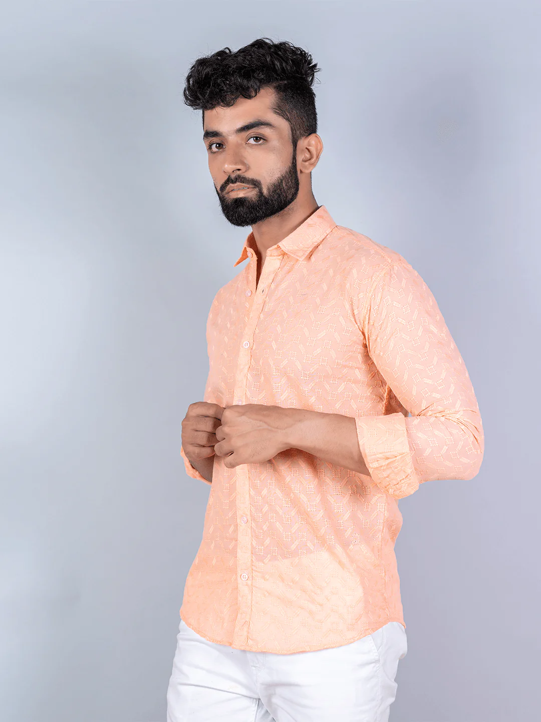 Peach Embroidered Full Sleeves Cotton Shirt - Image 4