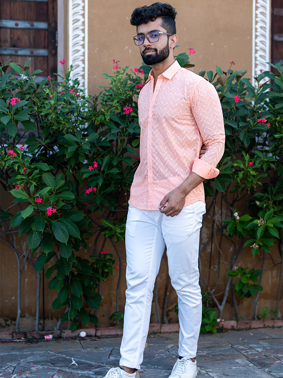 Peach Embroidered Full Sleeves Cotton Shirt - Image 6