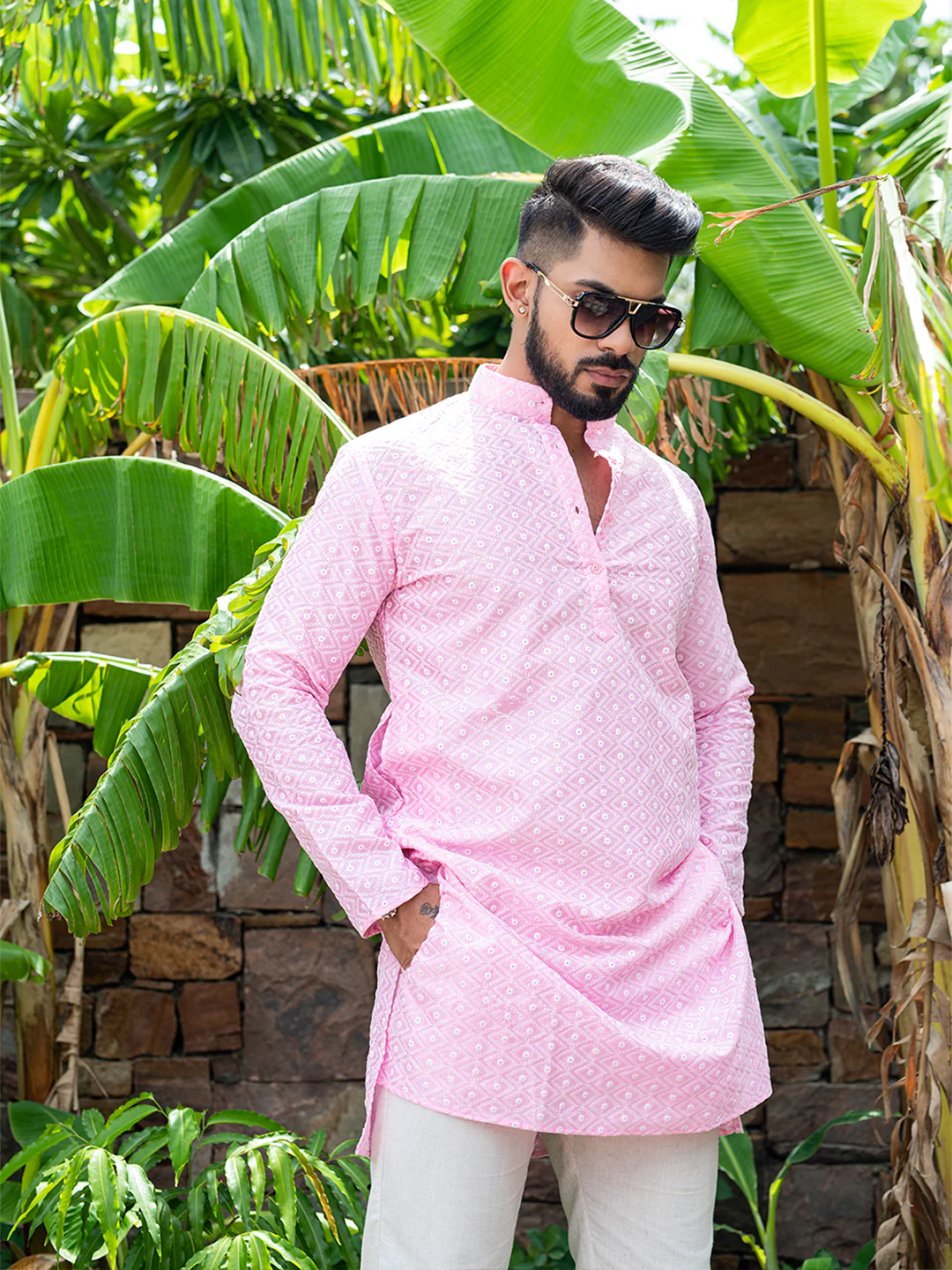 Pink Diamond Embroidered Cotton Mens Kurta - Image 3
