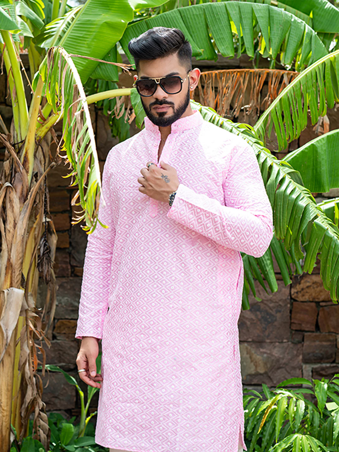 Pink Diamond Embroidered Cotton Mens Kurta - Image 4
