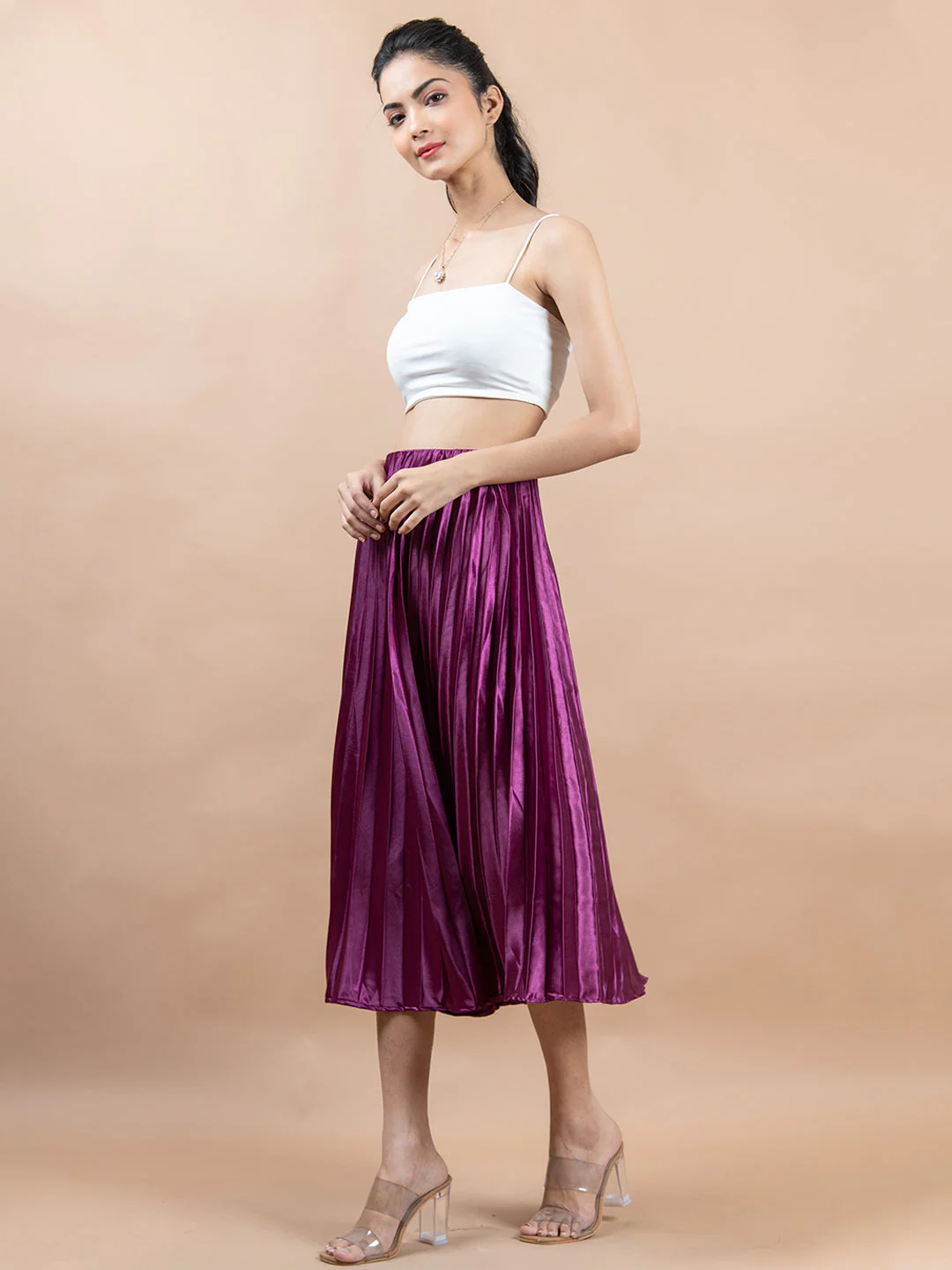 Purple Flared Skirt with Accordion Pleats For Women - Image 3