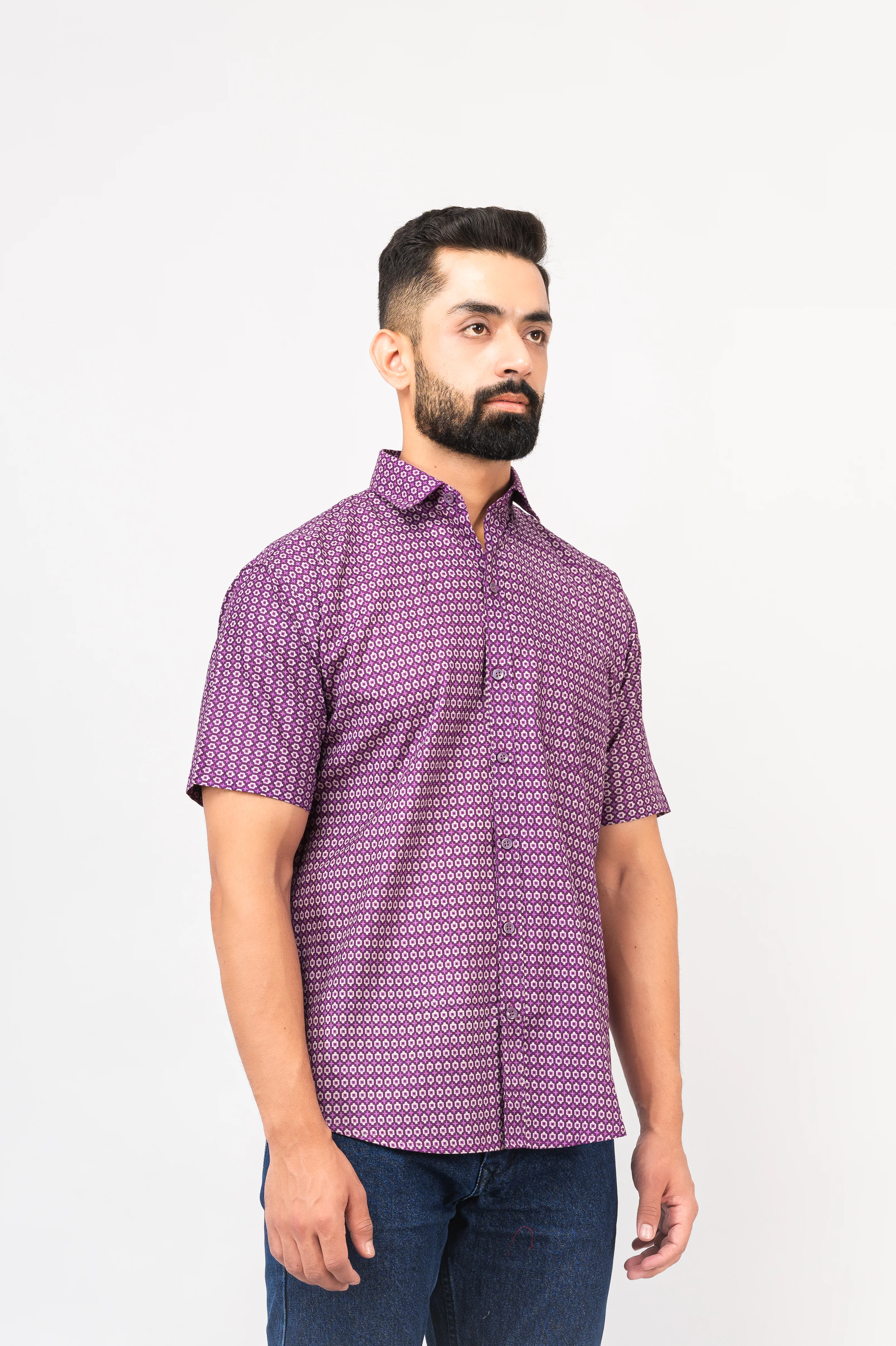 Purple Geometric Design Half Sleeves Shirt - Image 3