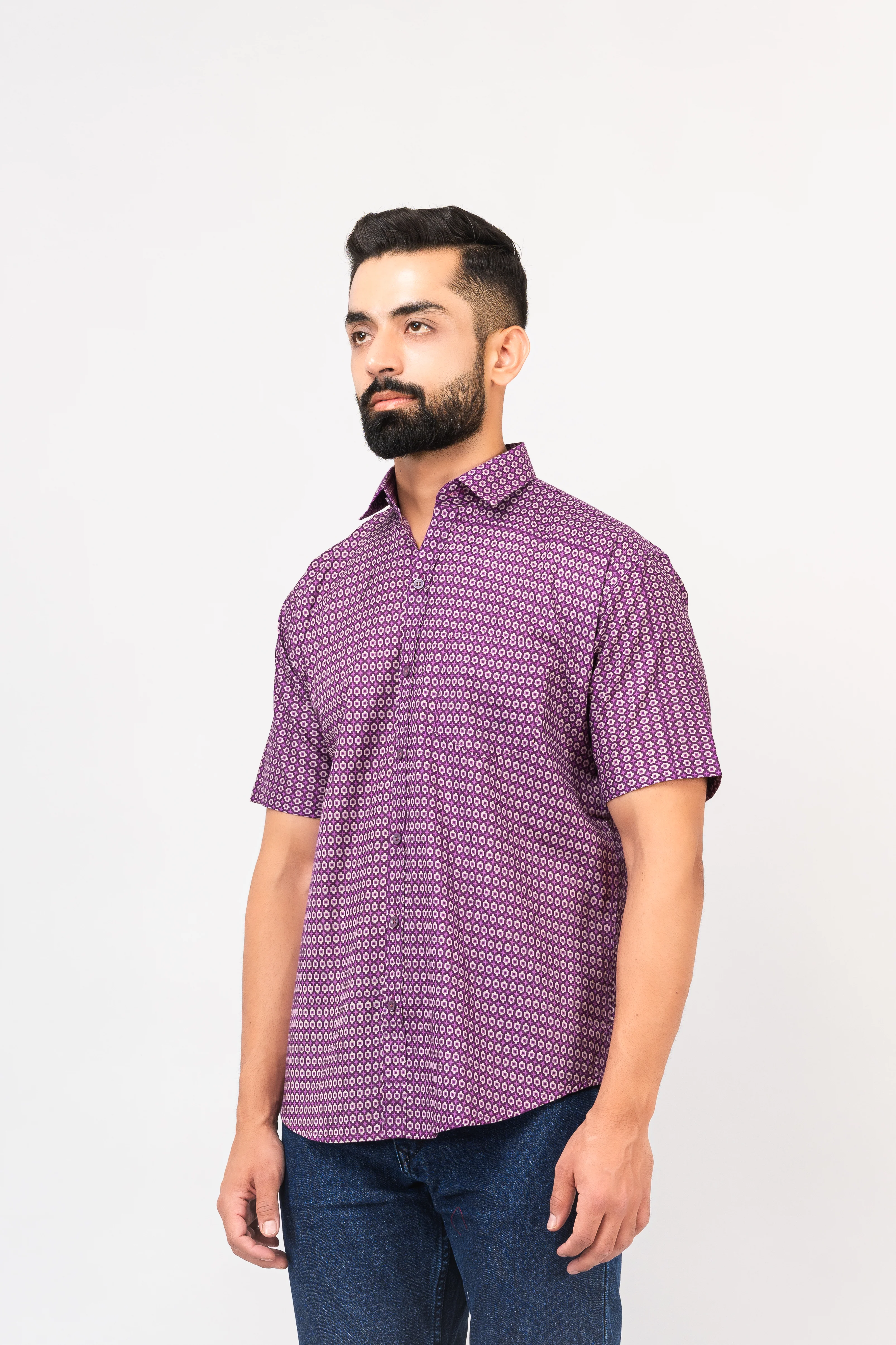 Purple Geometric Design Half Sleeves Shirt - Image 4