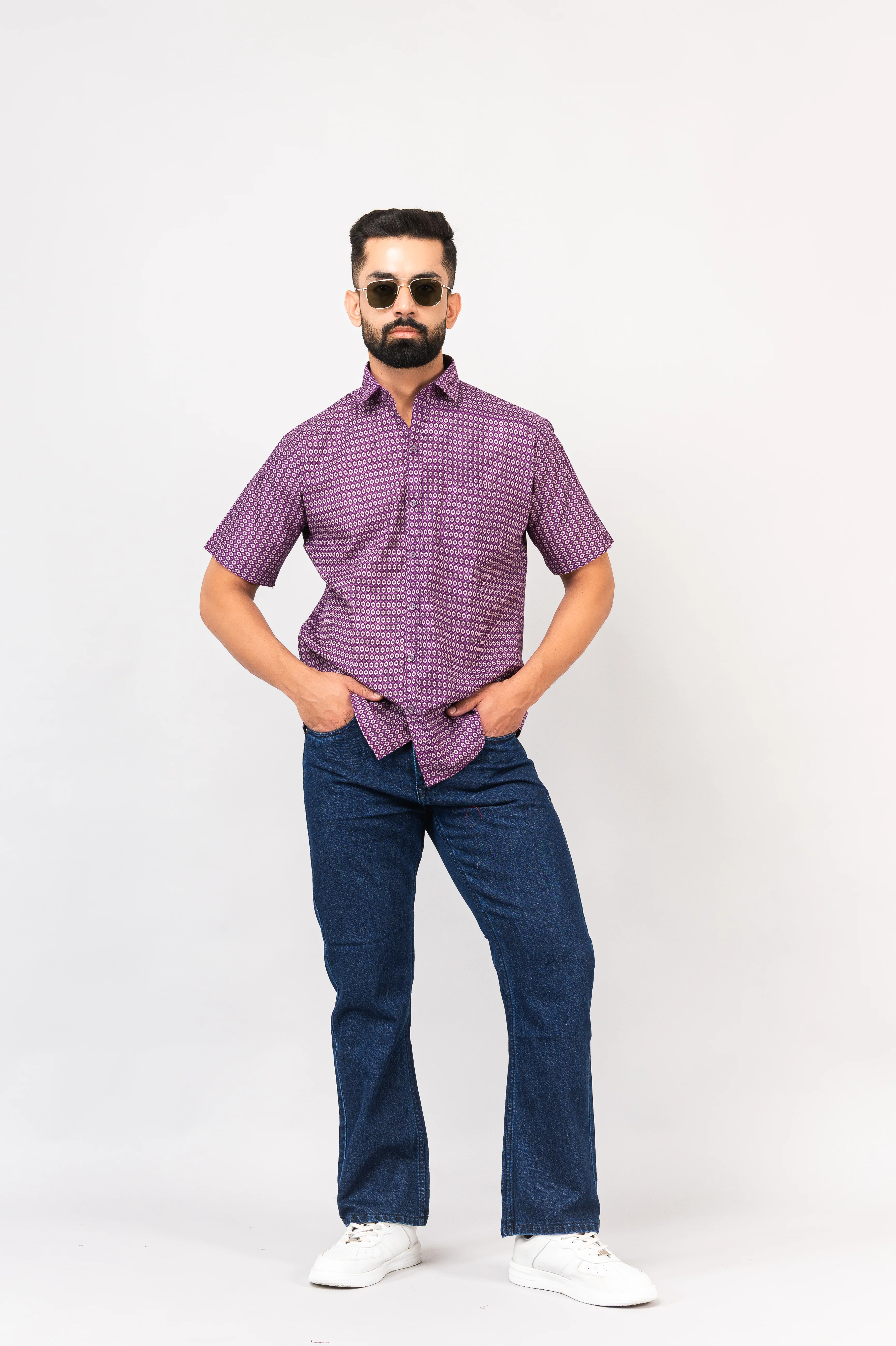Purple Geometric Design Half Sleeves Shirt - Image 6