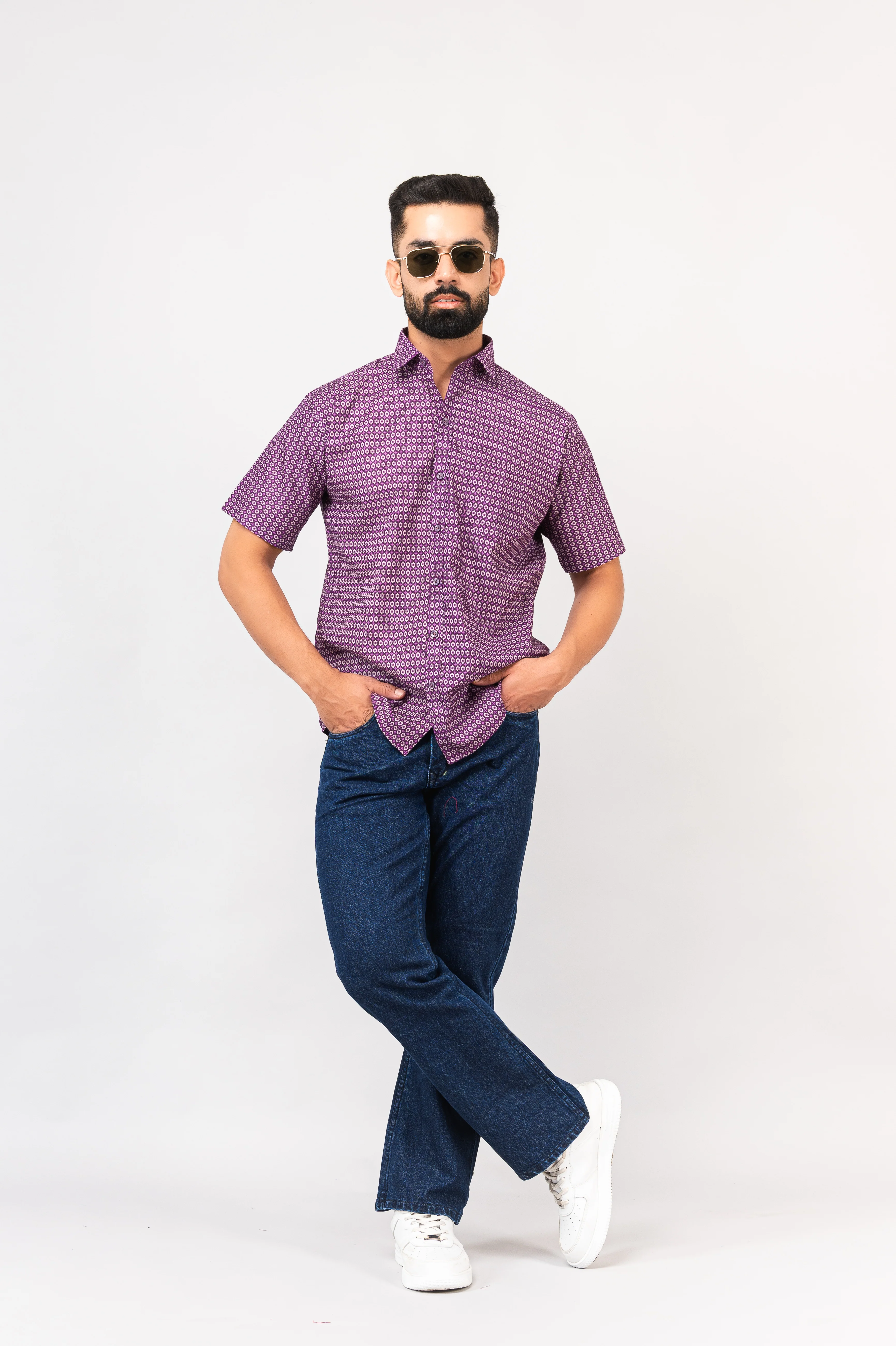 Purple Geometric Design Half Sleeves Shirt - Image 7