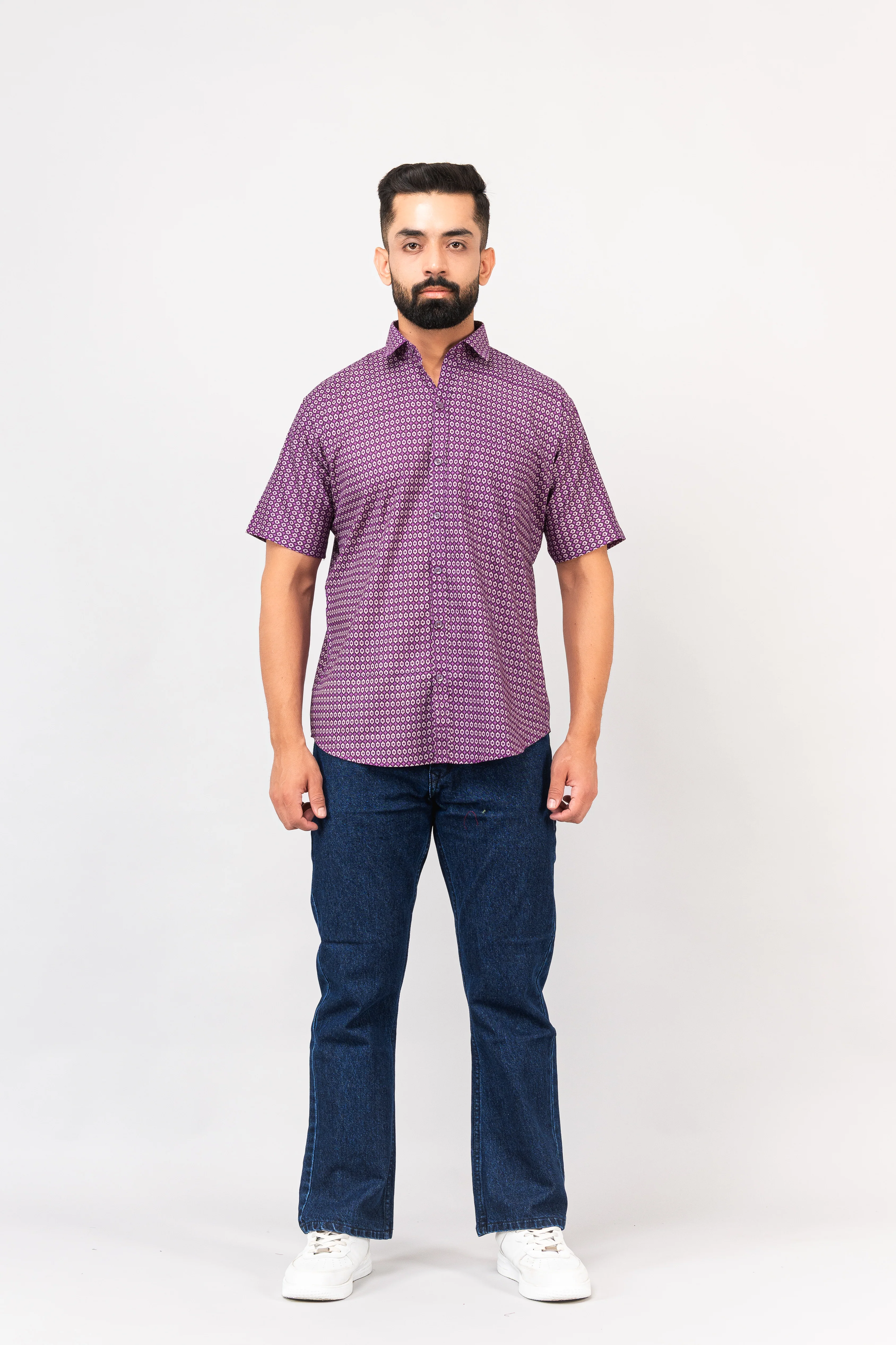 Purple Geometric Design Half Sleeves Shirt - Image 8