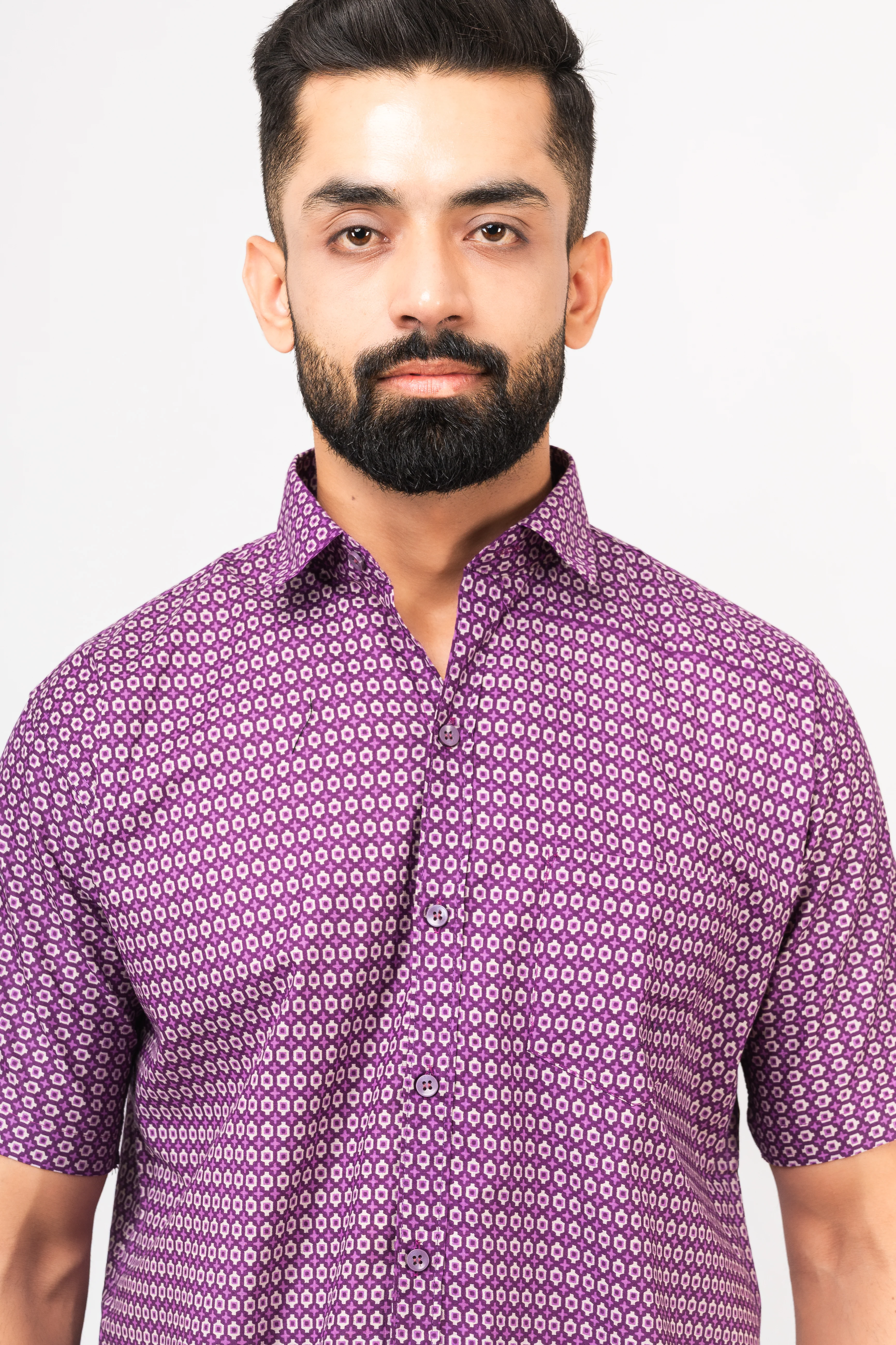 Purple Geometric Design Half Sleeves Shirt - Image 9
