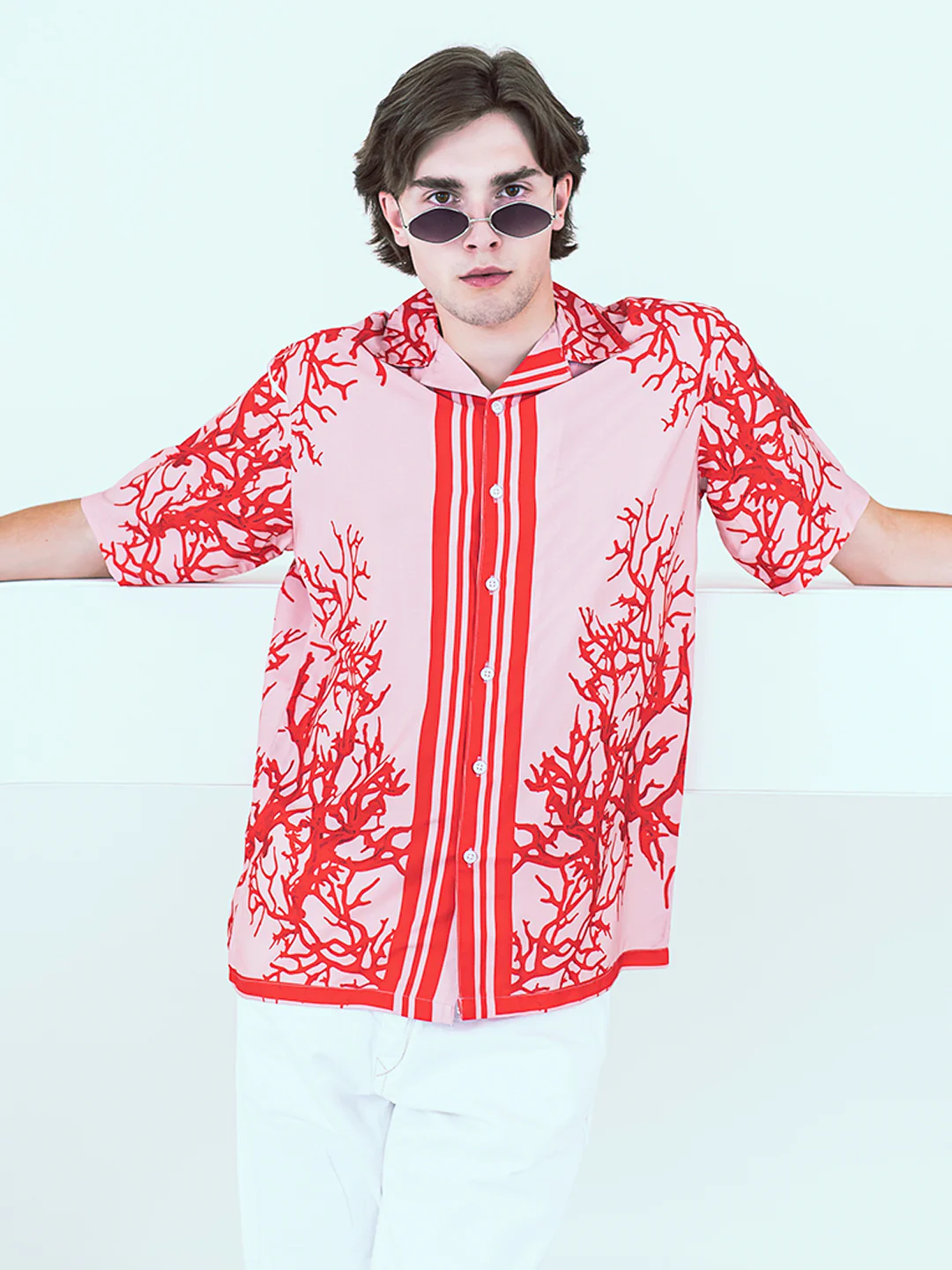 Red Branches Printed Oversized Peach Crepe Shirt - Image 4