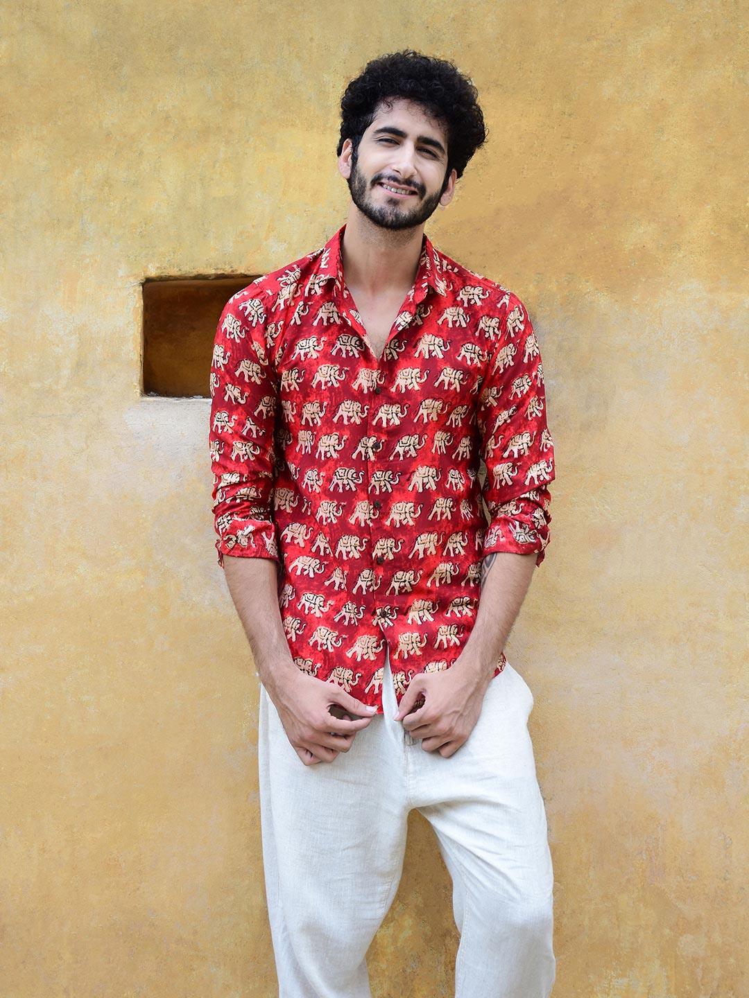 Red elephant crepe printed shirts - Image 5