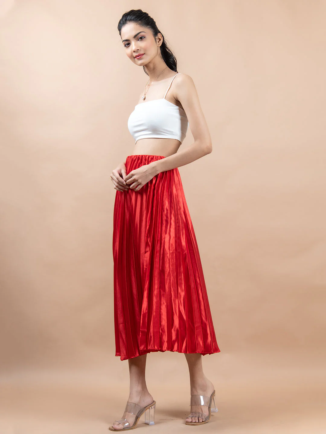 Red Flared Skirt with Accordion Pleats For Women - Image 3