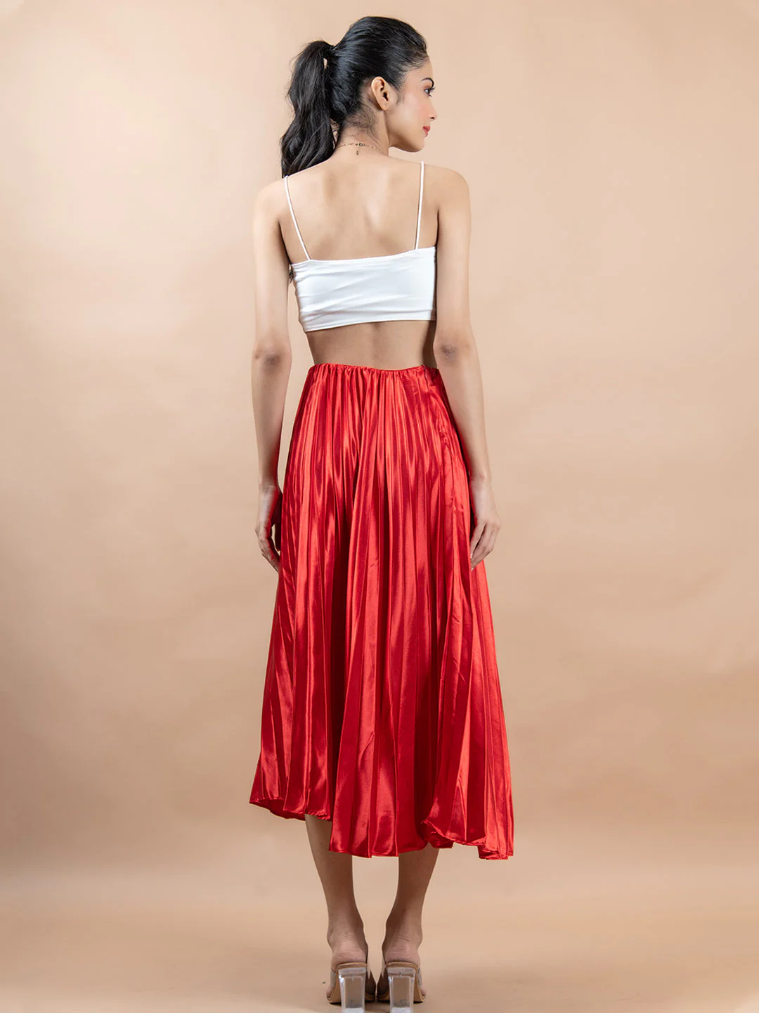 Red Flared Skirt with Accordion Pleats For Women - Image 4